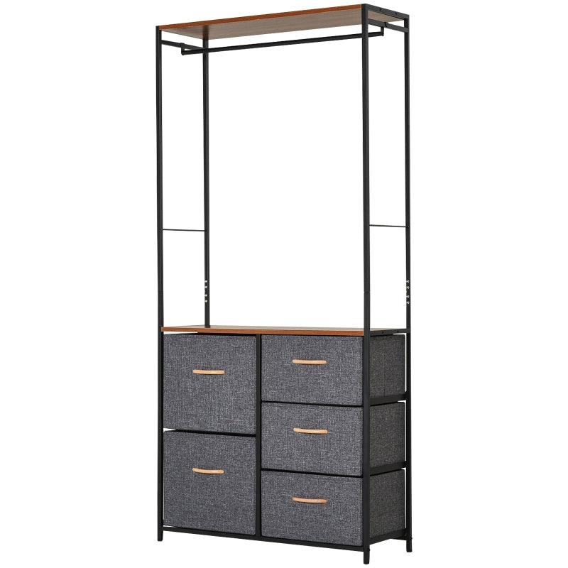 Chest of Drawers with Coat Rack, 5-Drawer Steel Frame, Black Brown