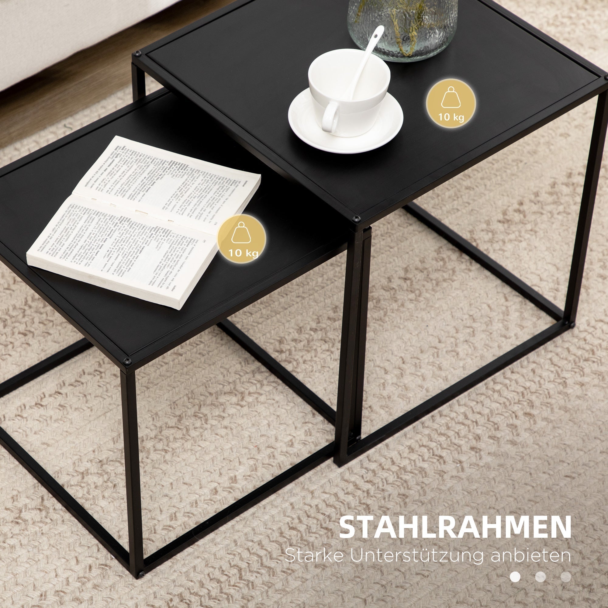 Couchtisch-Set, 2 Beistelltische, modernes Stahl-Design, Schwarz