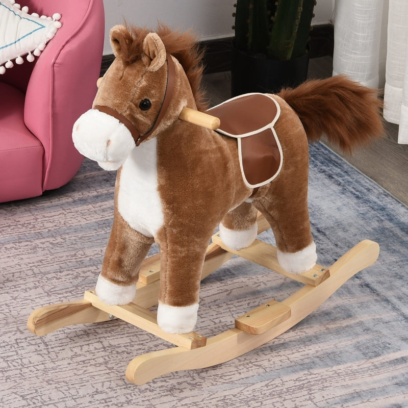 Children's Rocking Horse with Animal Sounds and Handles for 36-72 Months, Brown Plush