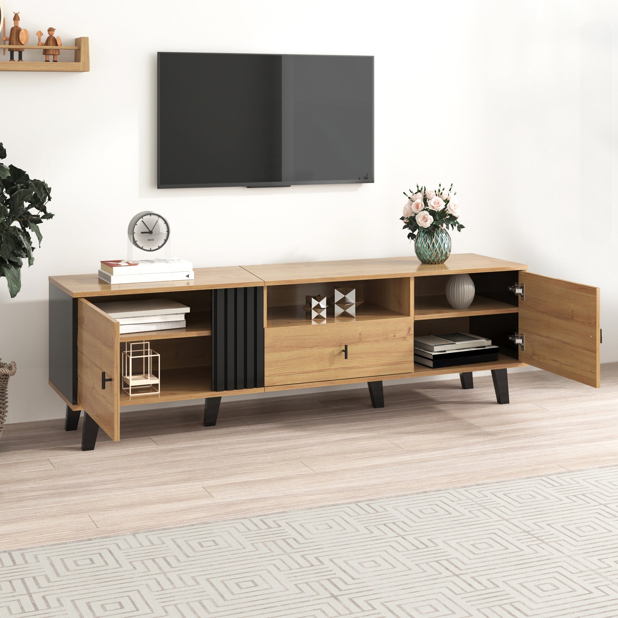 Stylish Elegance TV Cabinet, 170 cm Lowboard with Drawers, Wood and Black