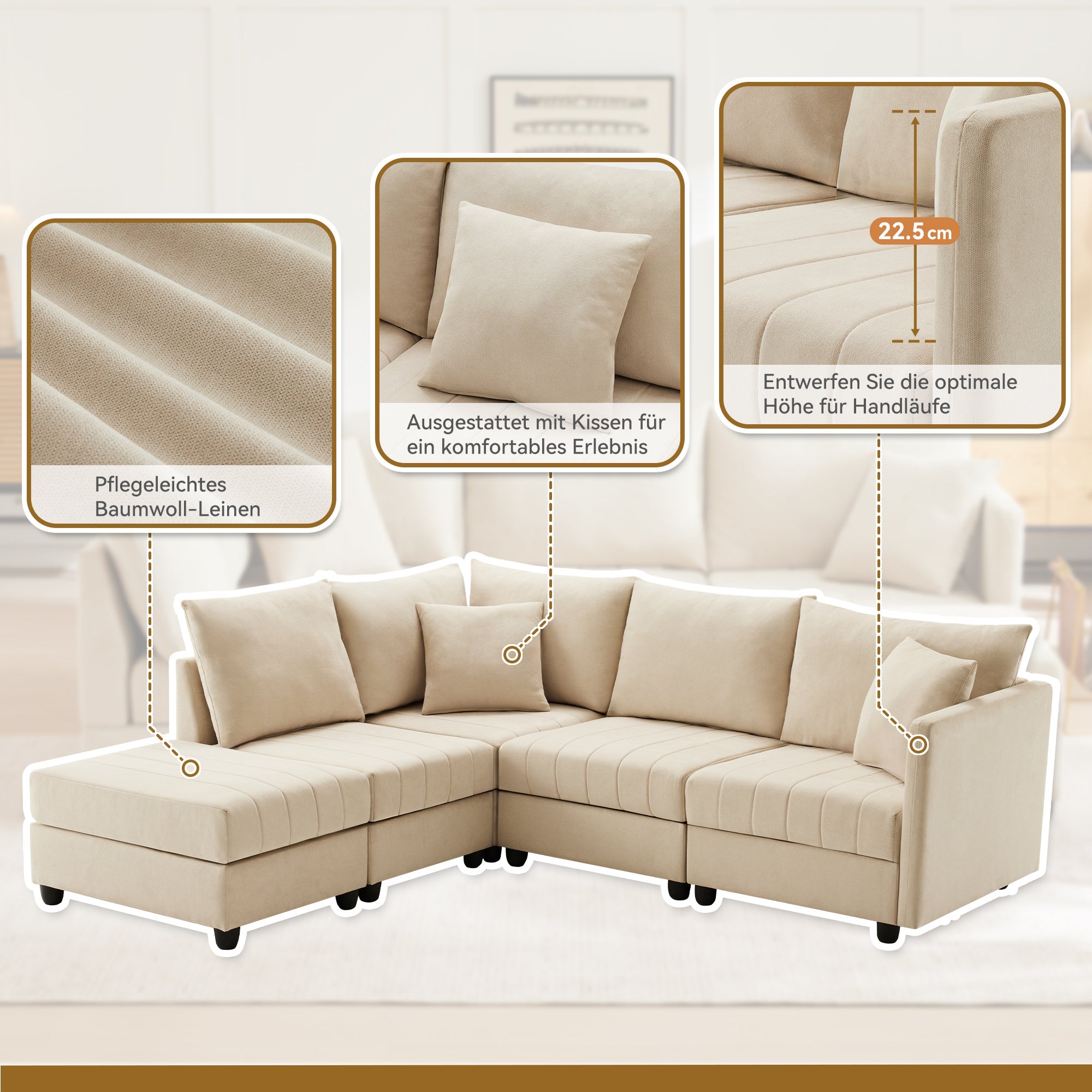 Modular Corner Sofa 5-Seater L/U-Shaped with Convertible Footstool