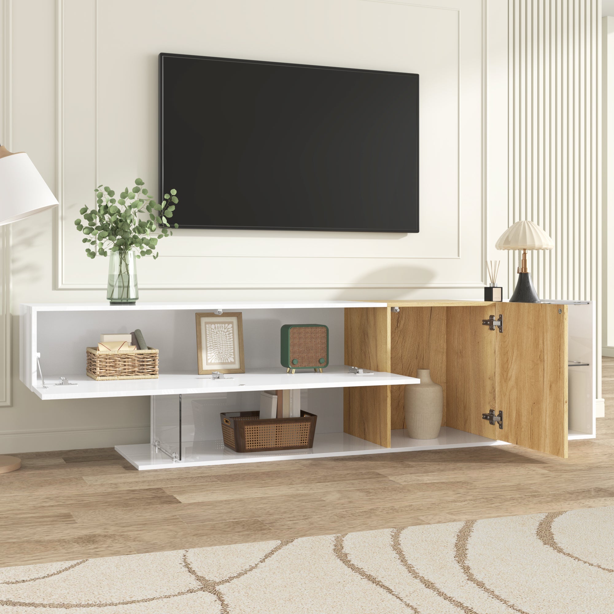 TV Cabinet, Modern High-Gloss with Glass Shelves, White Wood