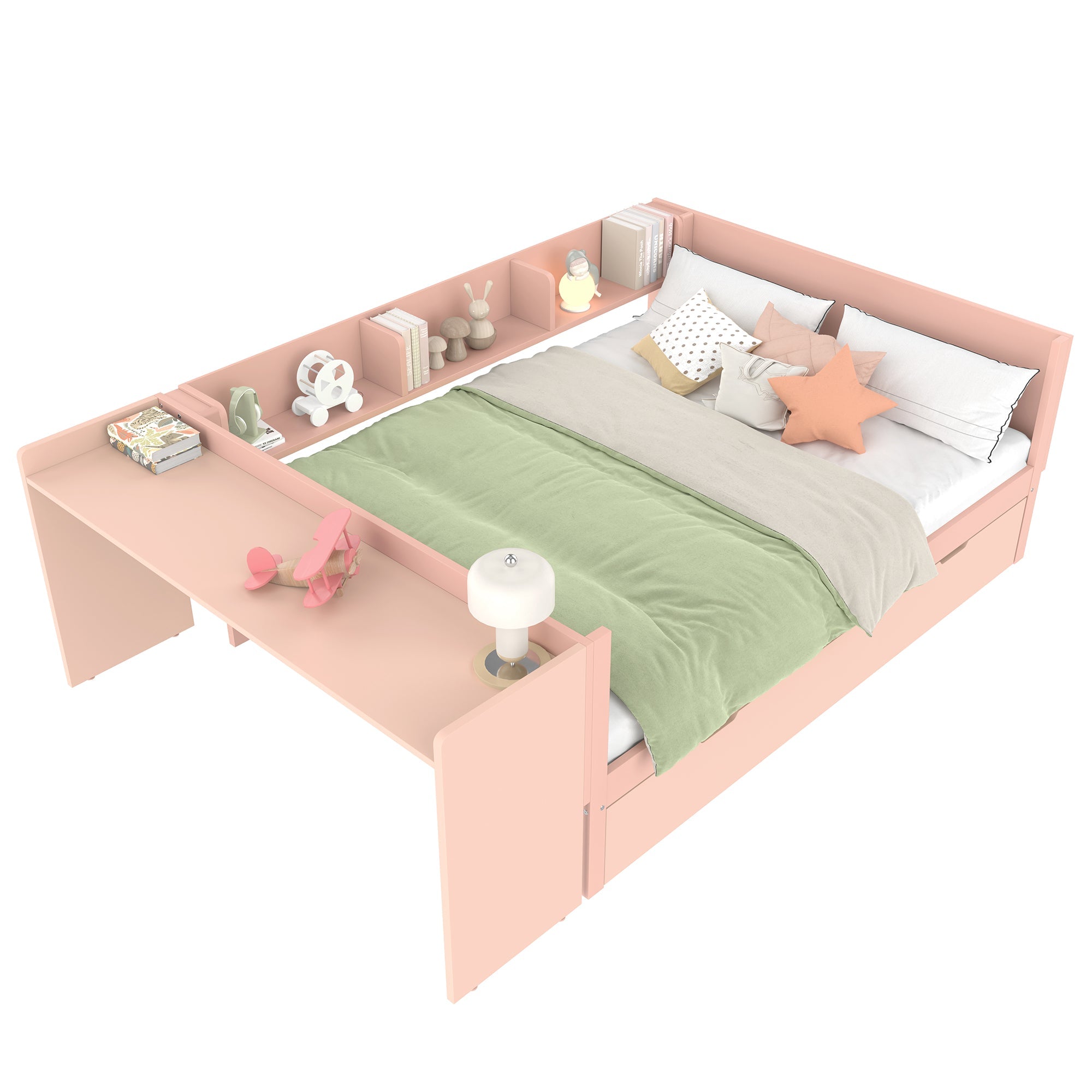 Wooden Flatbed Double Bed with Desk, Trundle and Shelves, 140x200cm, Pink