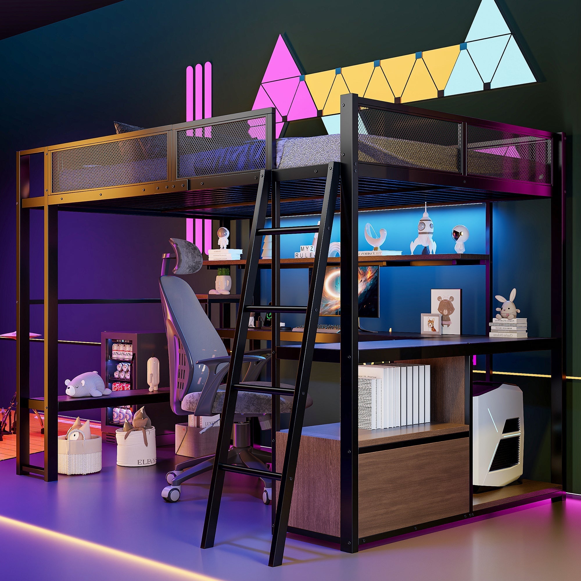 Metal Gaming Loft Bed with Integrated Workspace, LED Lighting and Storage, 140x200cm, Black