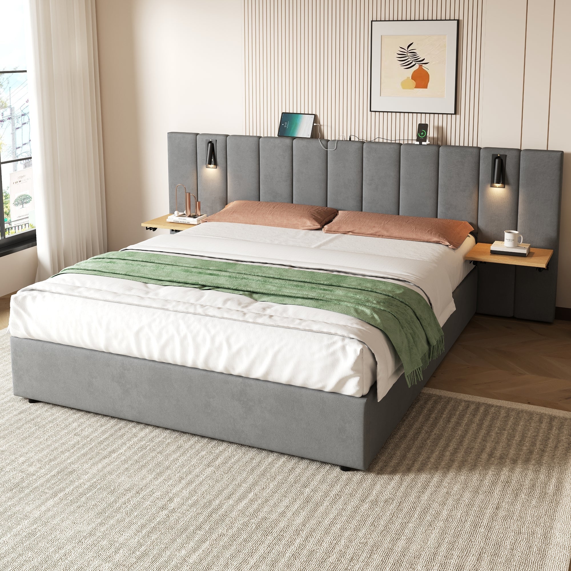 King Upholstered Bed with Charging Station, Hydraulic Storage, Reading Light, Grey Velvet