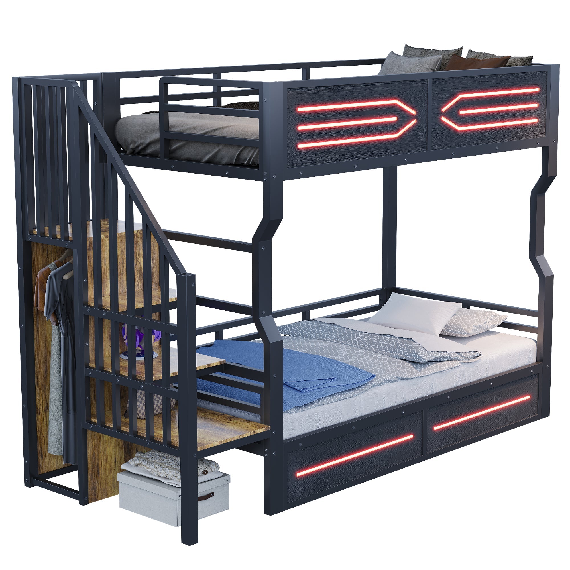 Loft Bed with Storage Stairs, LED Lighting and High Railing, 90x200cm, Black Iron