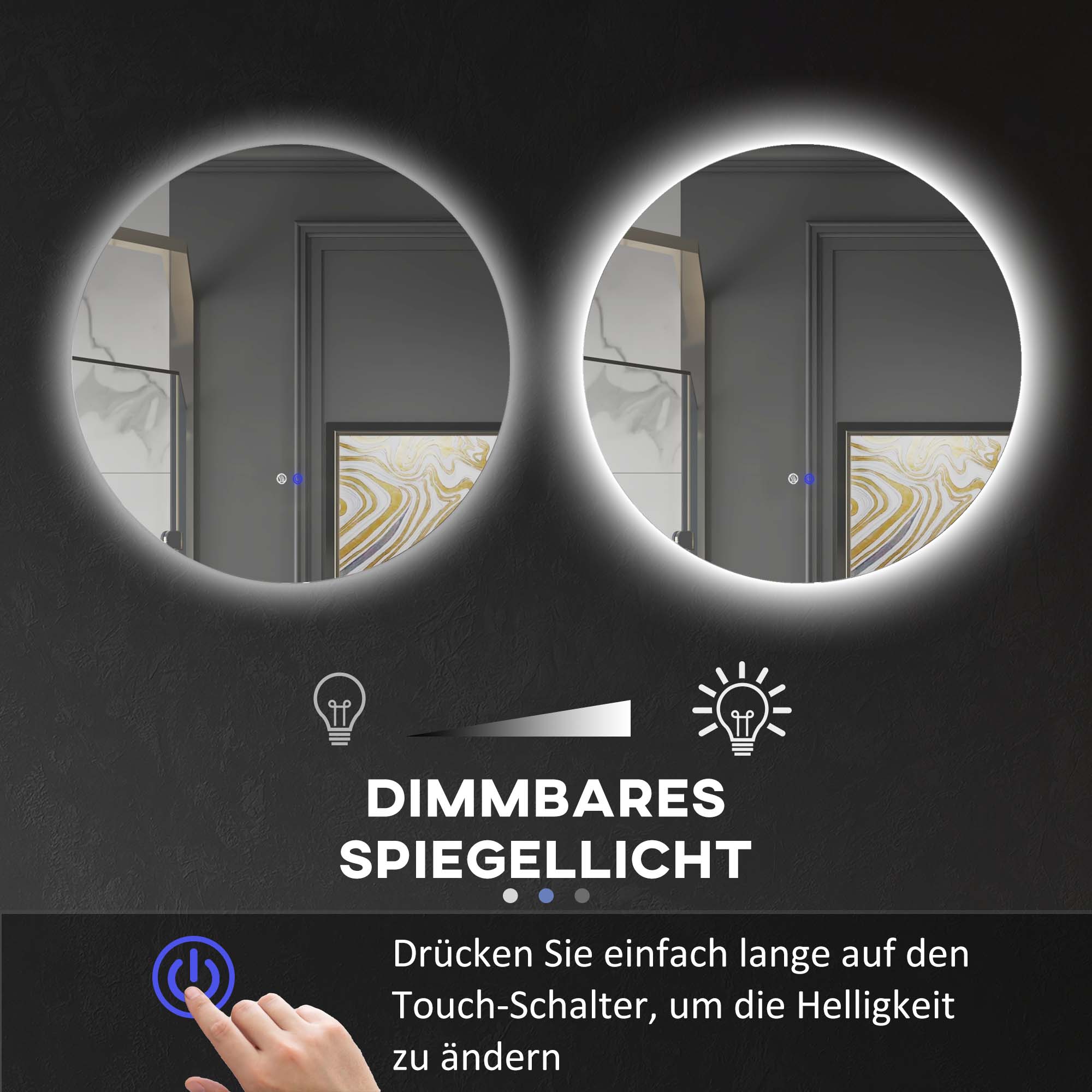 Bathroom Mirror Wall Mounted Ø60 cm, 3 Light Colors, Touch Switch, Anti-Fog, IP44