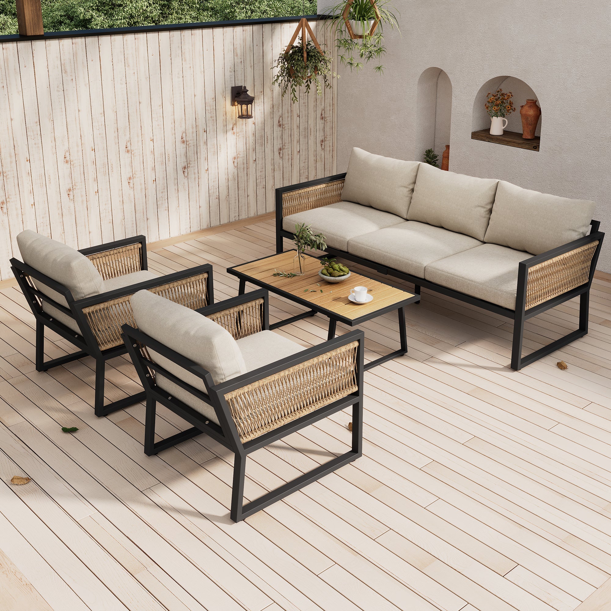 4-Piece Garden Lounge Set with 3-Seater Sofa, Armchairs and Coffee Table, Beige Wood Look and Galvanized Steel