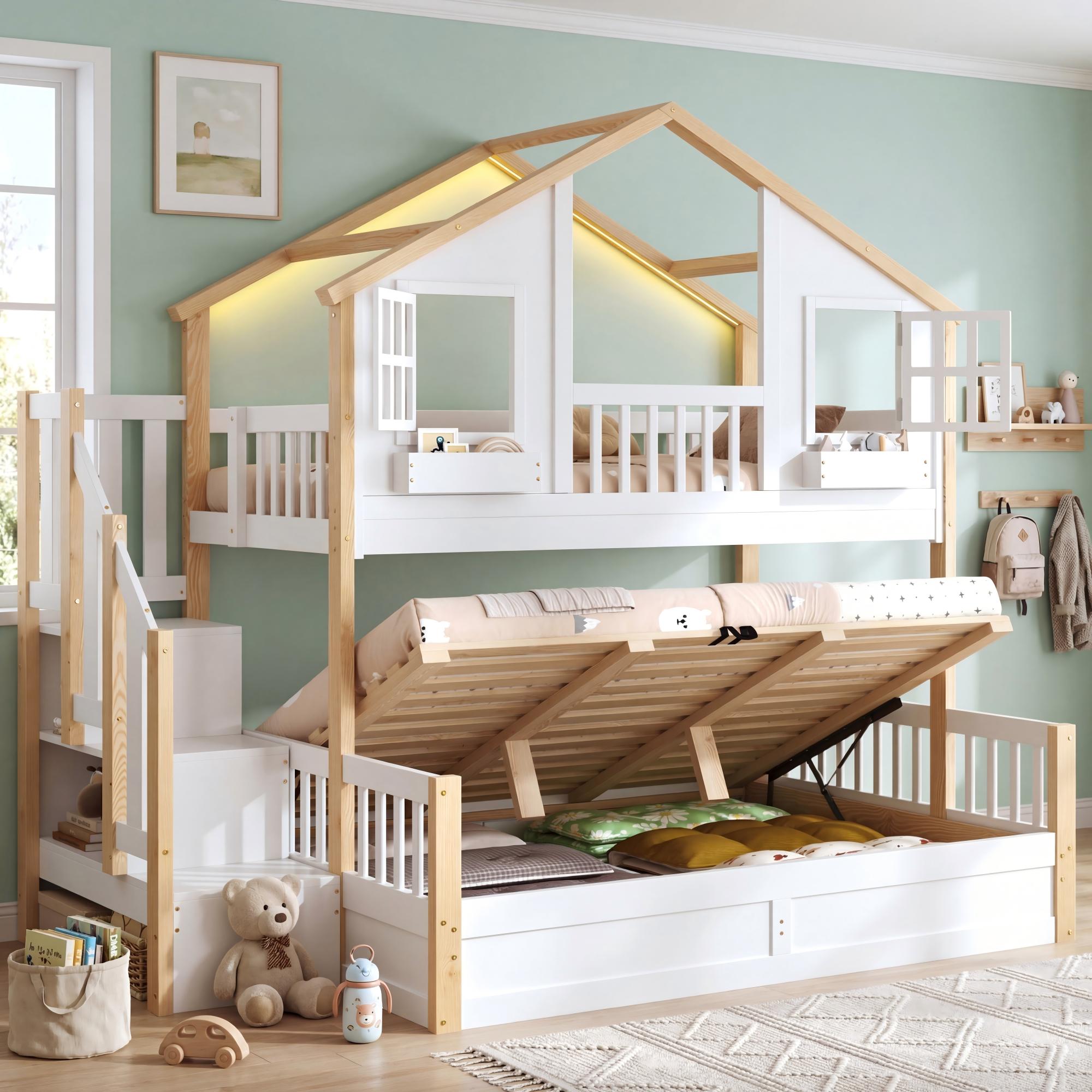 Bunk Bed with Hydraulic Storage, LED, and Stairs, 90x200/140x200cm, White and Natural Wood