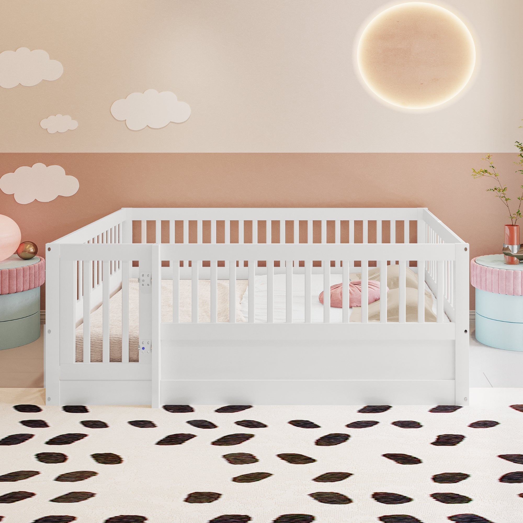 Children's Bed, 140 x 200 cm Wooden Frame with Bars & Door, White