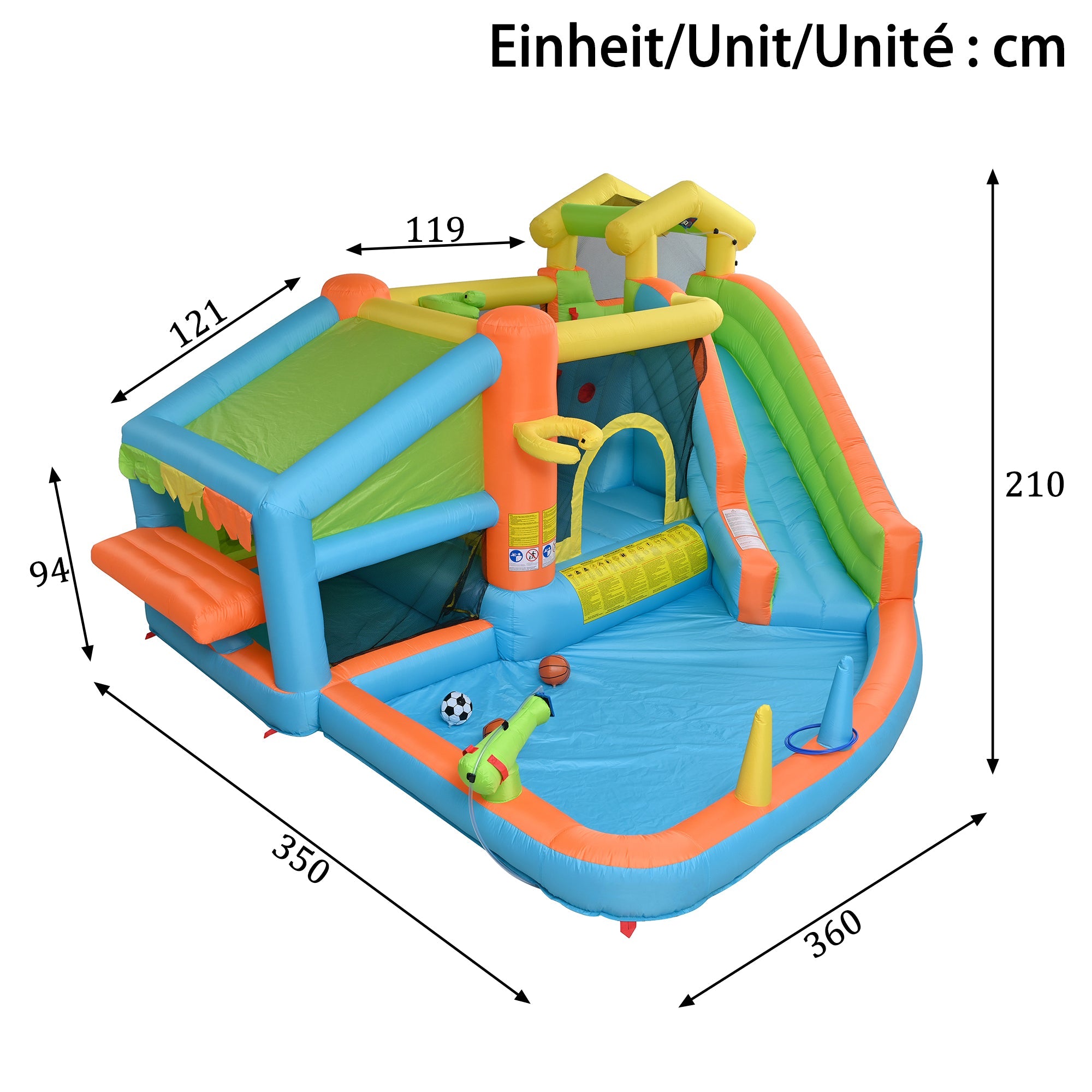 Children's Bouncy Castle and Inflatable Water Park with Blower, Slide and Basketball Hoop, 360x350x210cm, Oxford Fabric