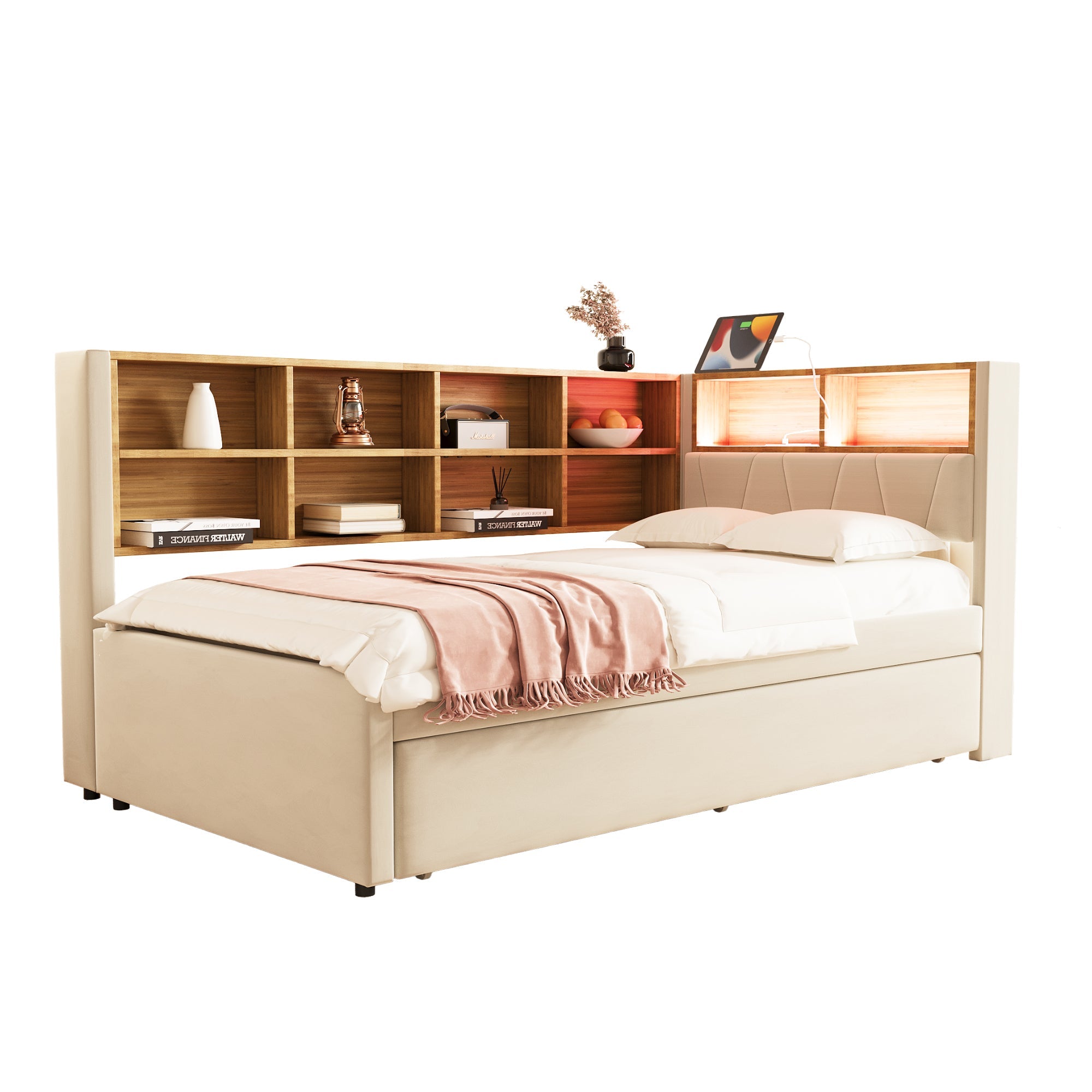 Sofa Bed 90x200 Pull-Out LED Storage Flannel Beige
