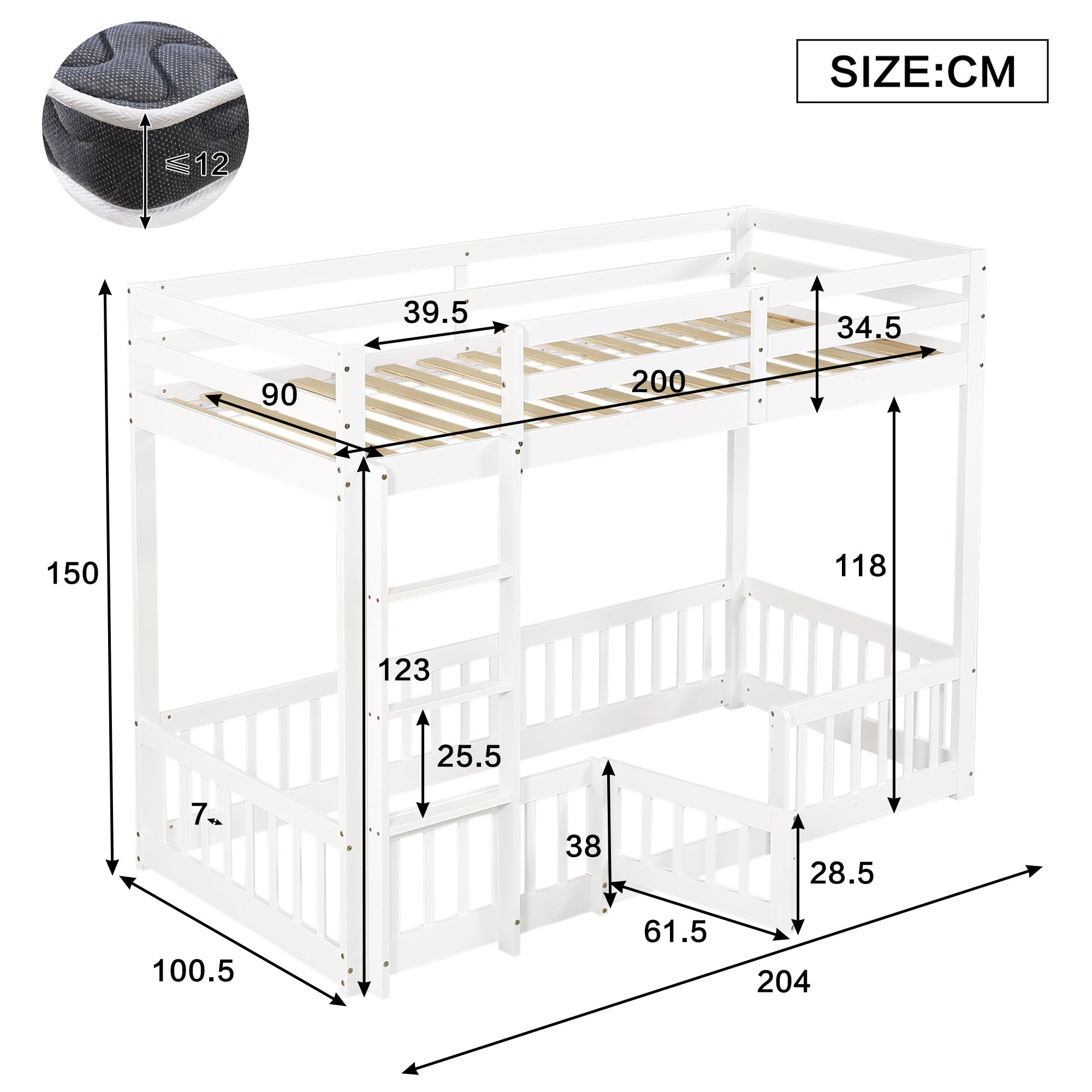 Bunk Bed, Wooden with Right-Angled Stairs, Railing, Fall Protection, White