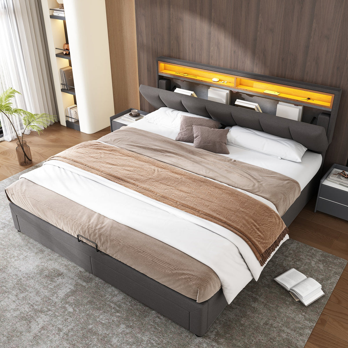 Upholstered Double Bed 160x200cm Hydraulic Storage LED Stowable Headboard - Linen Grey