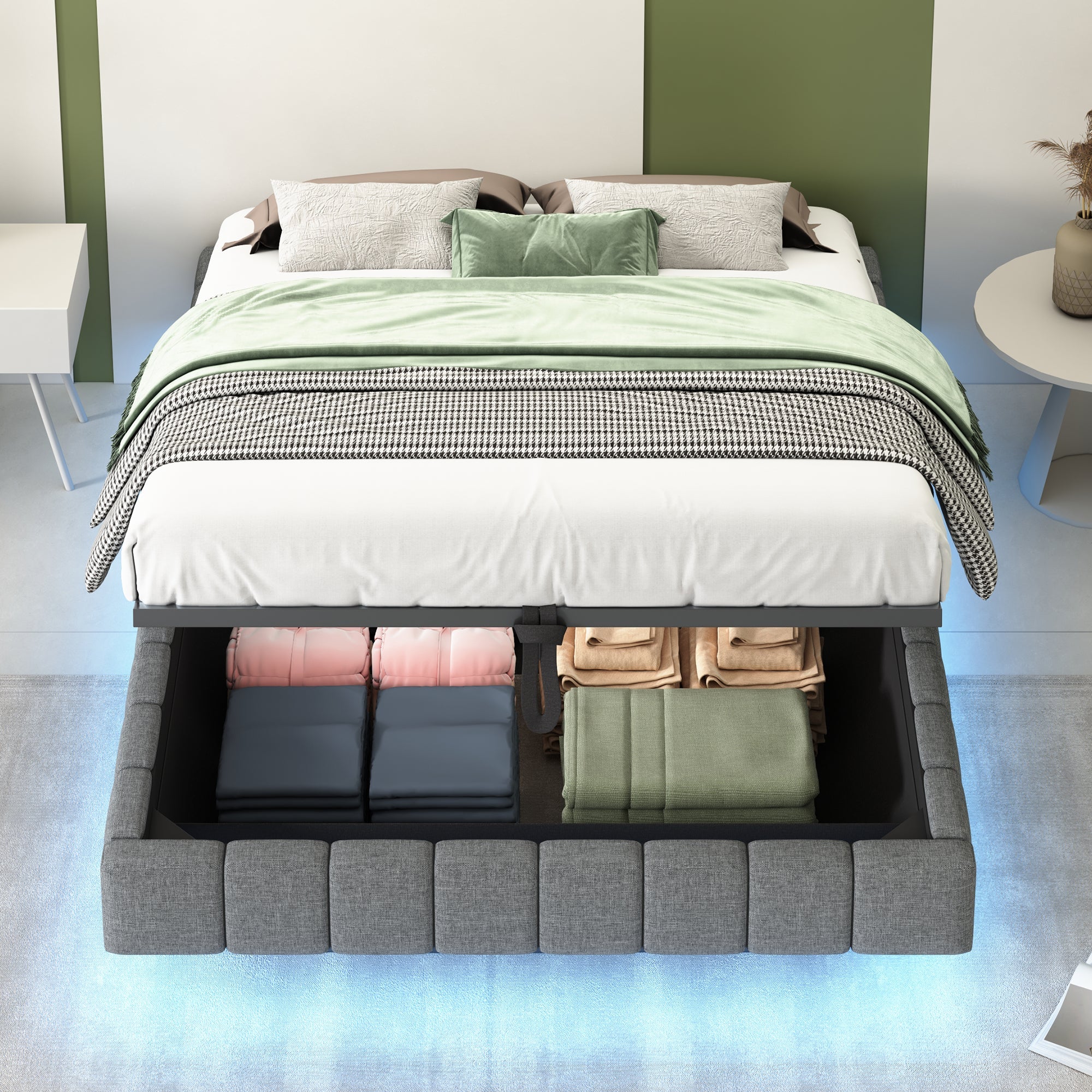 Upholstered Bed, 140x200 cm Hydraulic Floating with Storage & LED Light, Linen Grey