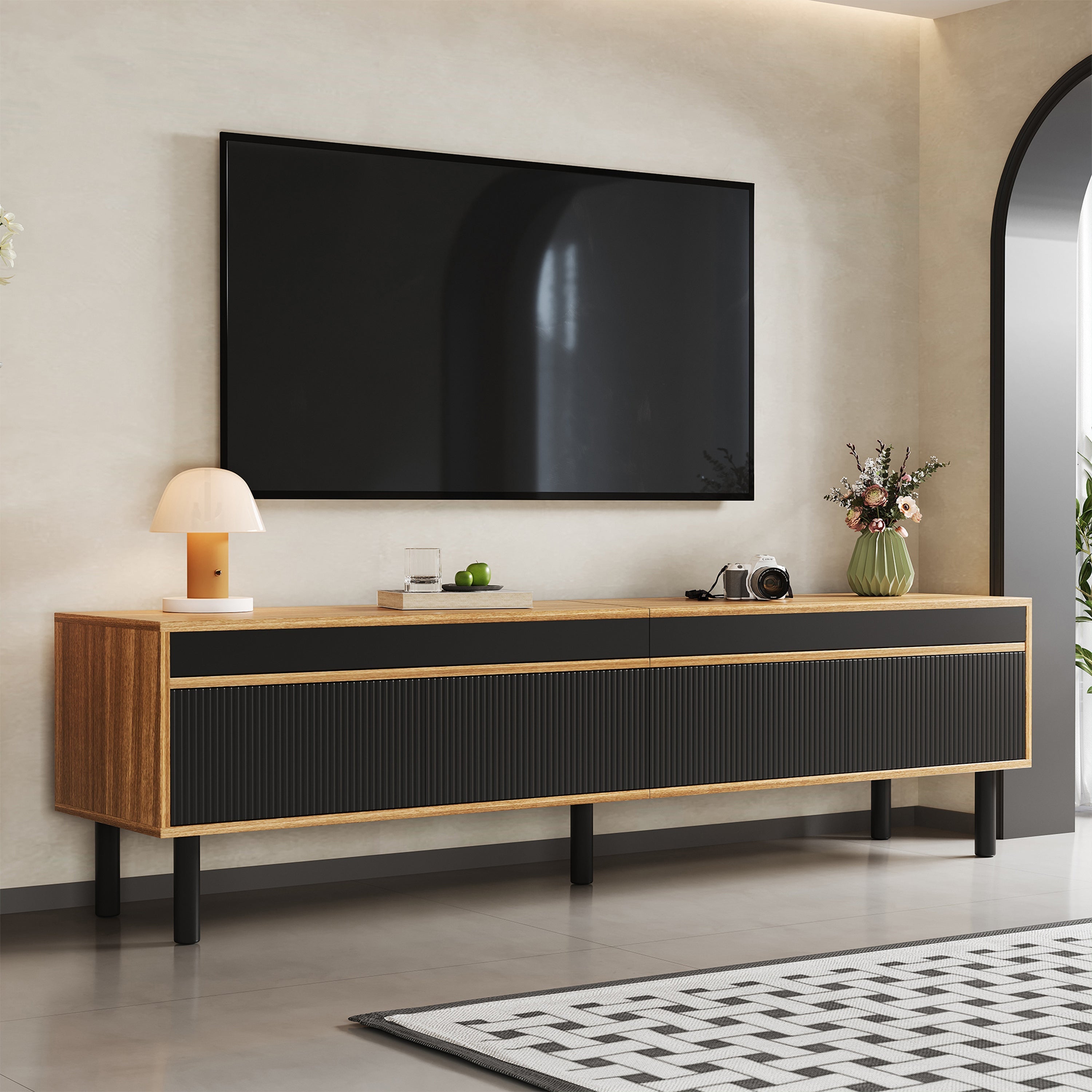 TV Cabinet with TV Panel, 4 Doors, Fine Texture, Black or Natural Wood
