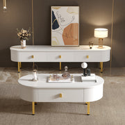 TV Cabinet Coffee Table Set, Luxury Living Room Combination with Drawers, Rounded Corners, White and Gold