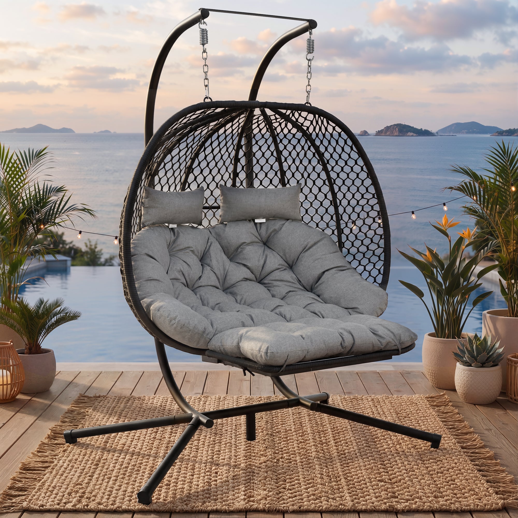 Double Egg-Shaped Hanging Chair with Stand, Seat Cushion, Pillow and Footrest, Grey Metal