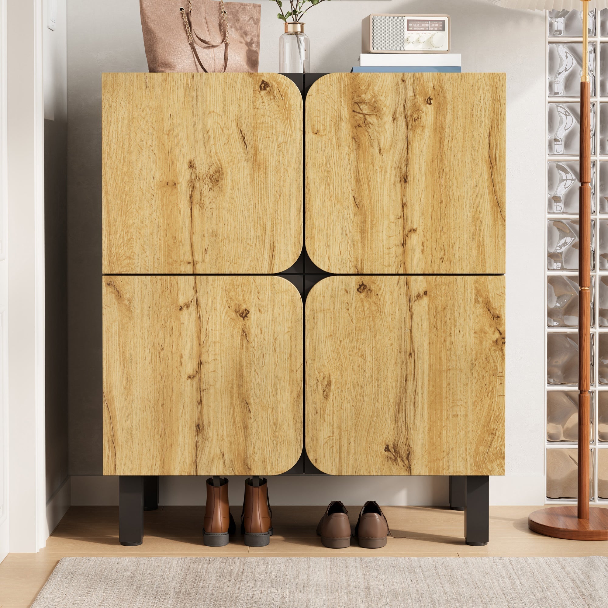 Shoe Cabinet 4 Doors Adjustable Shelves Curved Doors Black