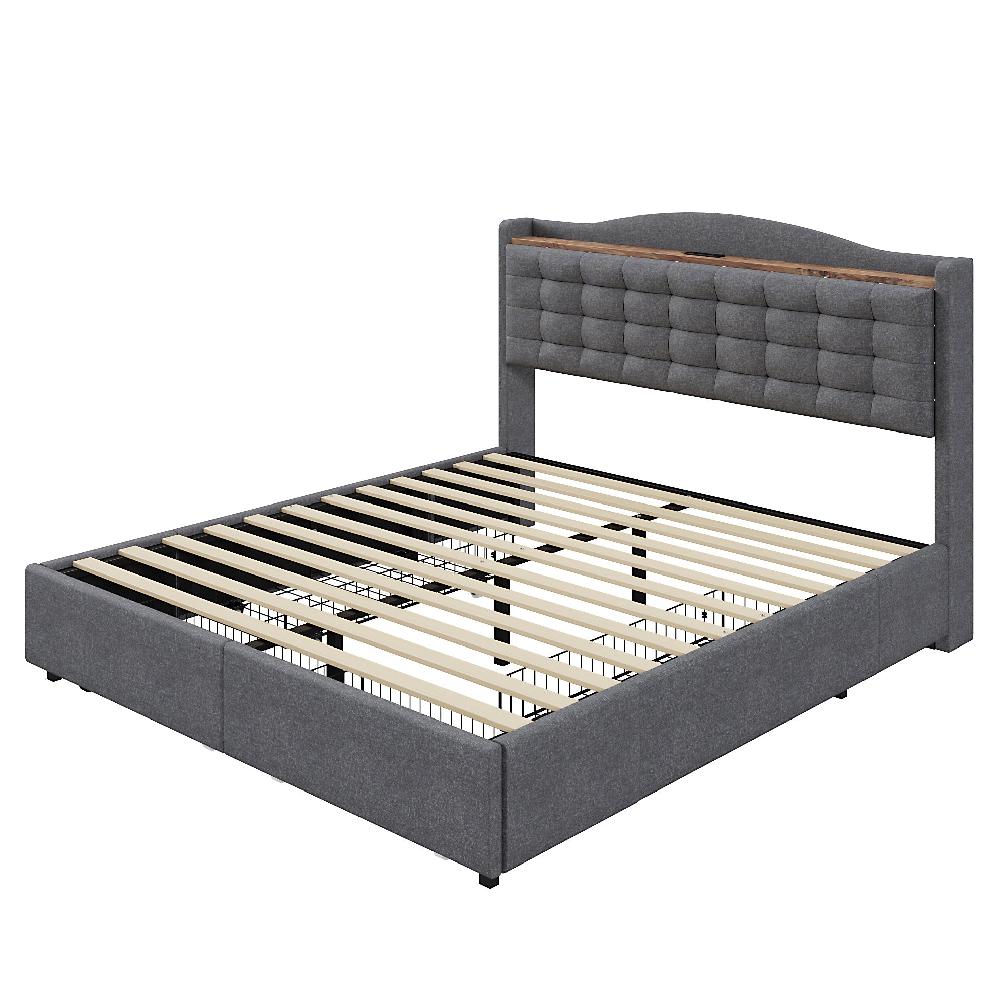 Upholstered Bed 160*200 cm, with USB Charging Bedside Table and 4 Drawers, Gray Linen Fabric