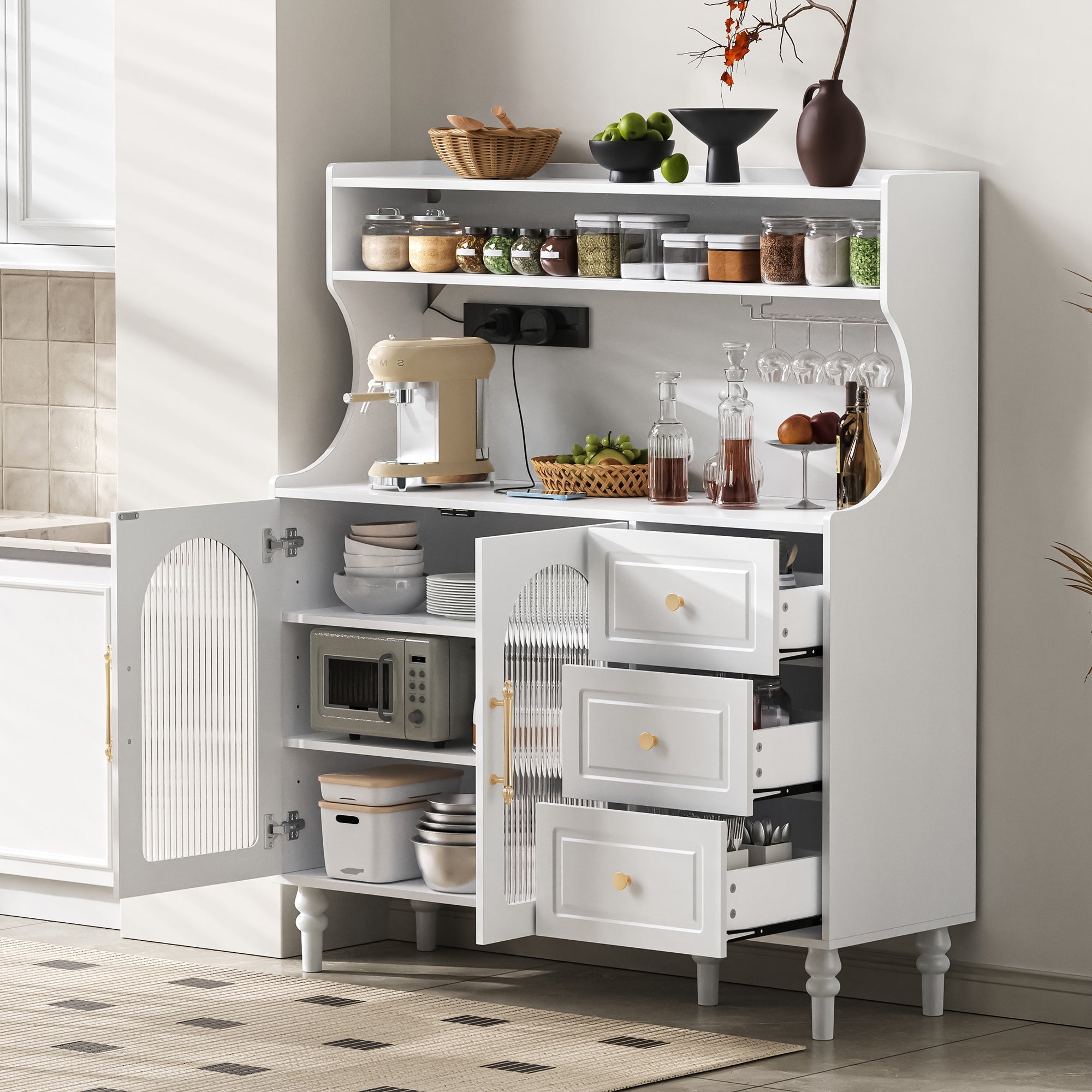Tall Cabinet with Sockets, Drawers, Wine Glass Holders & Adjustable Shelves - White