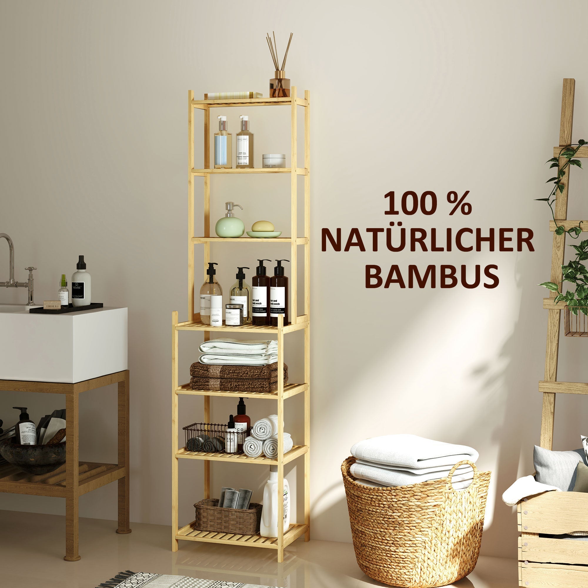 Badezimmerregal, 7-stöckiges Standregal, Bambus natur