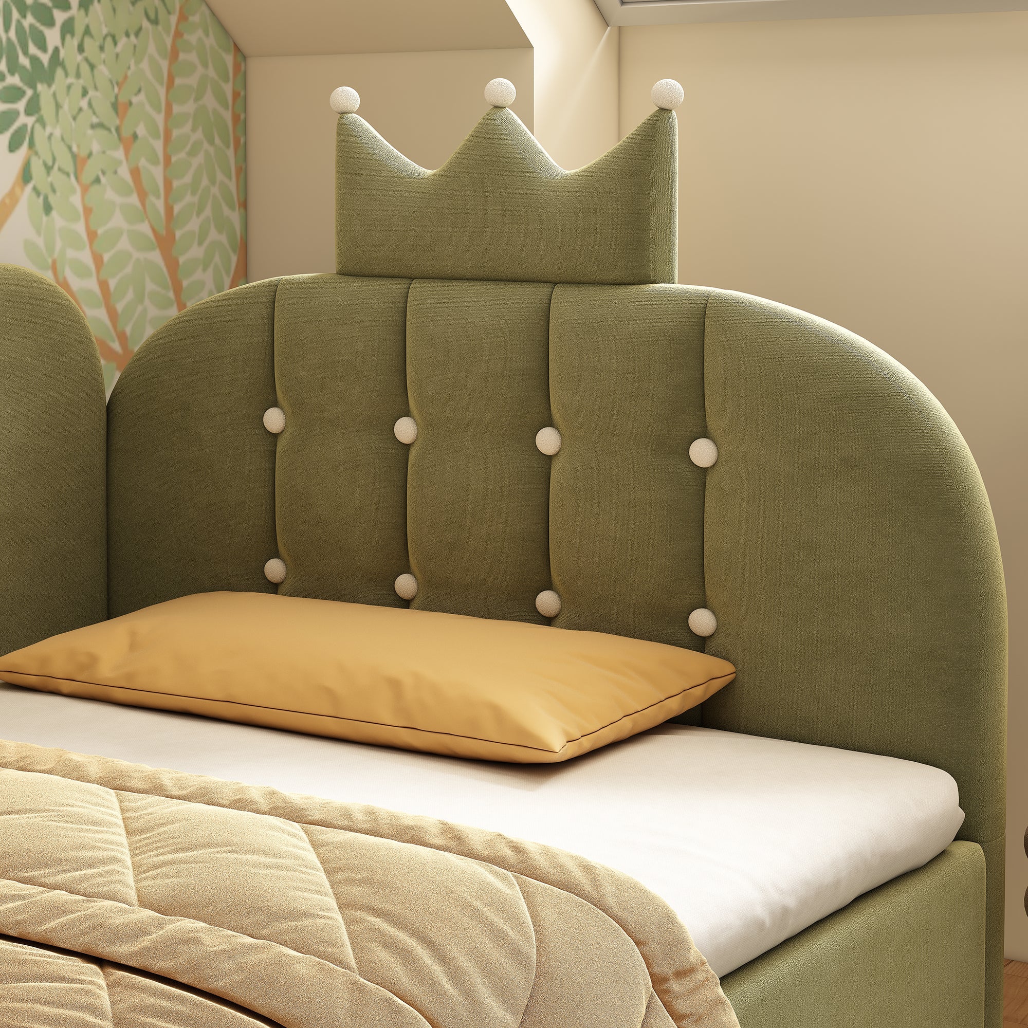 L-Shaped Upholstered Daybed with Hydraulic Storage and Crown-Lattice Design, 90x190cm, Green Velvet