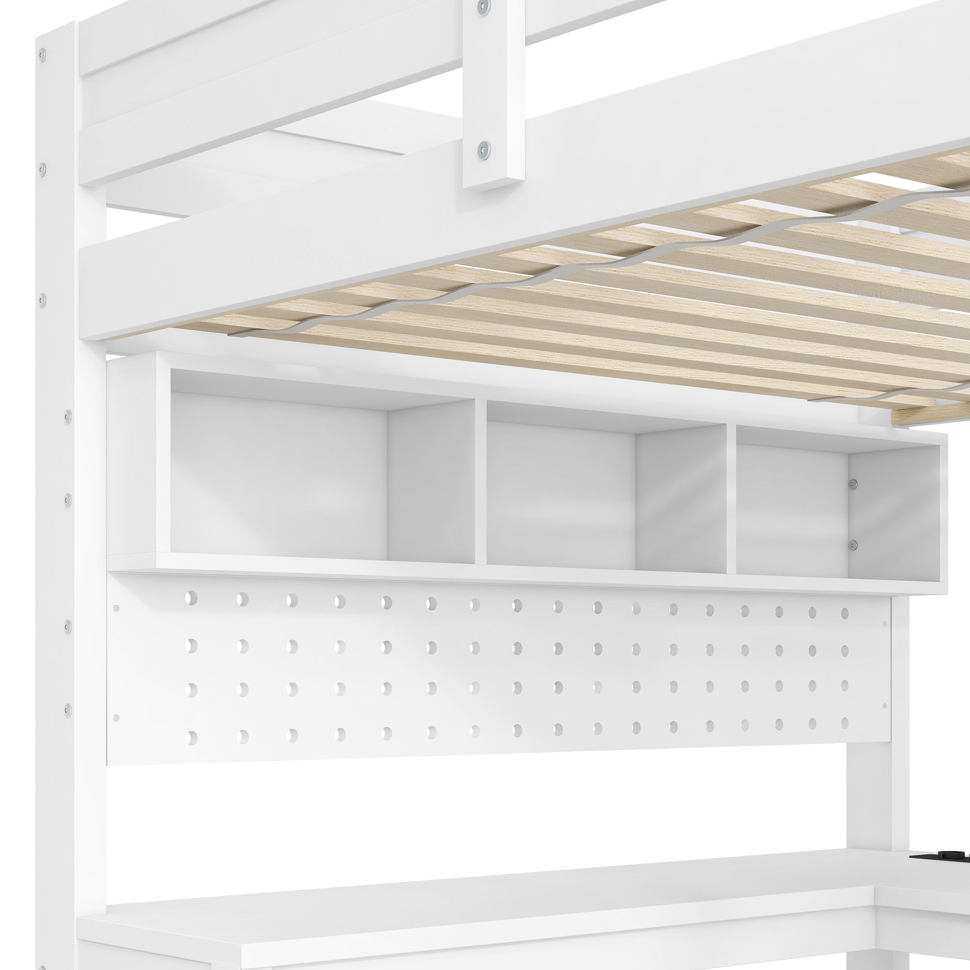 Gaming Loft Bed with Desk, LED Lighting and Charging Station, White Wood