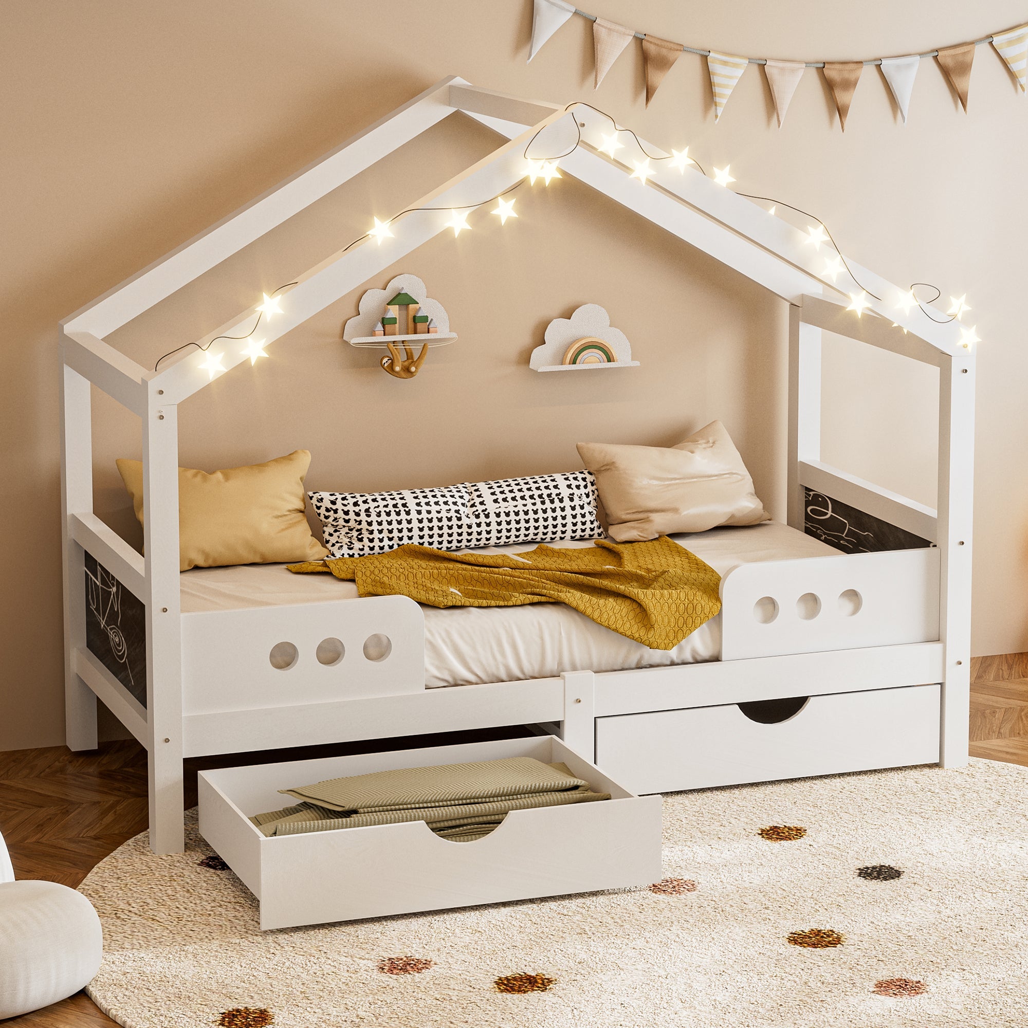 Children's Bed, Roof Design with 2 Drawers, UV Varnish Wood+MDF