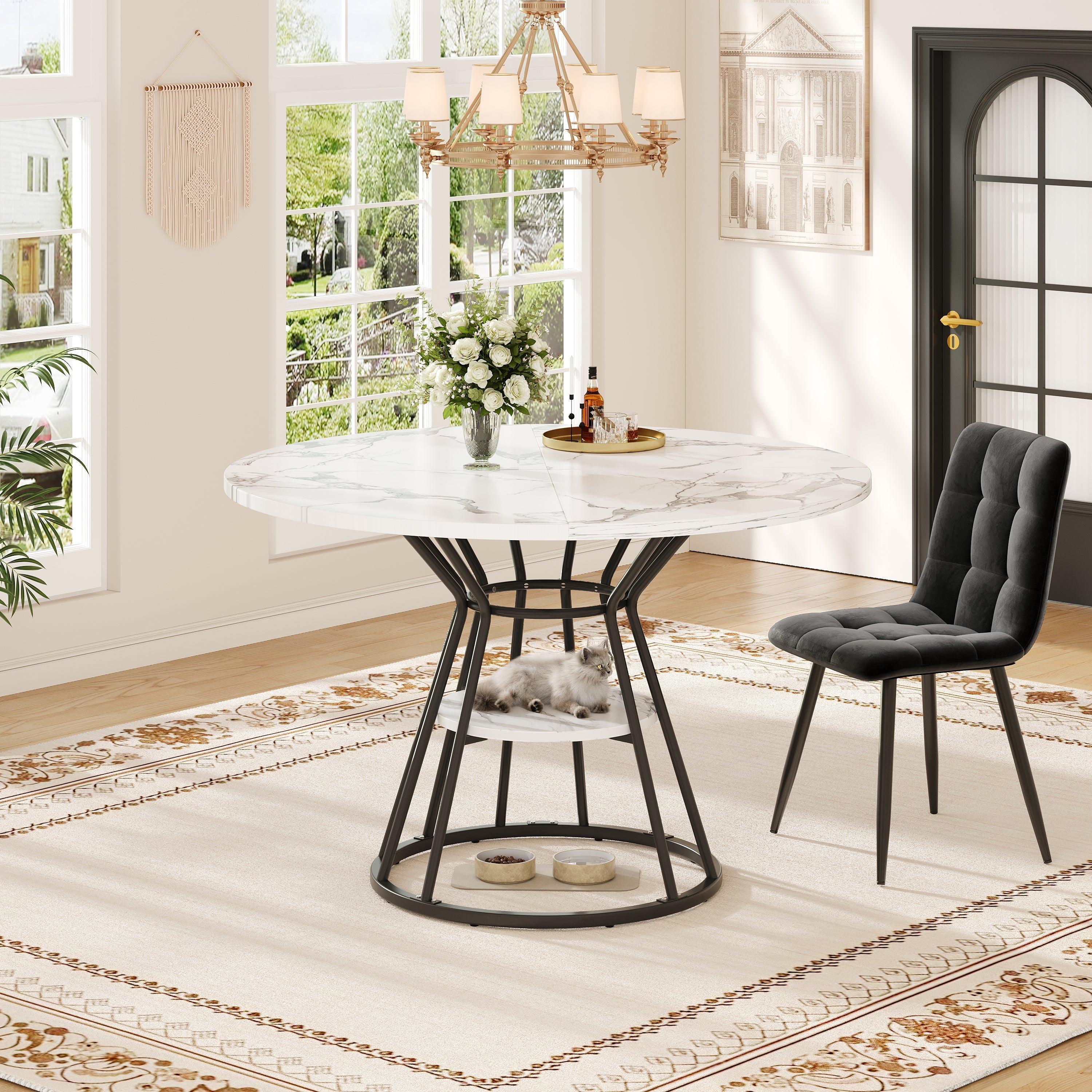 Round Dining Table with Metal Legs and Storage Shelf, Marble Pattern Gold and Black