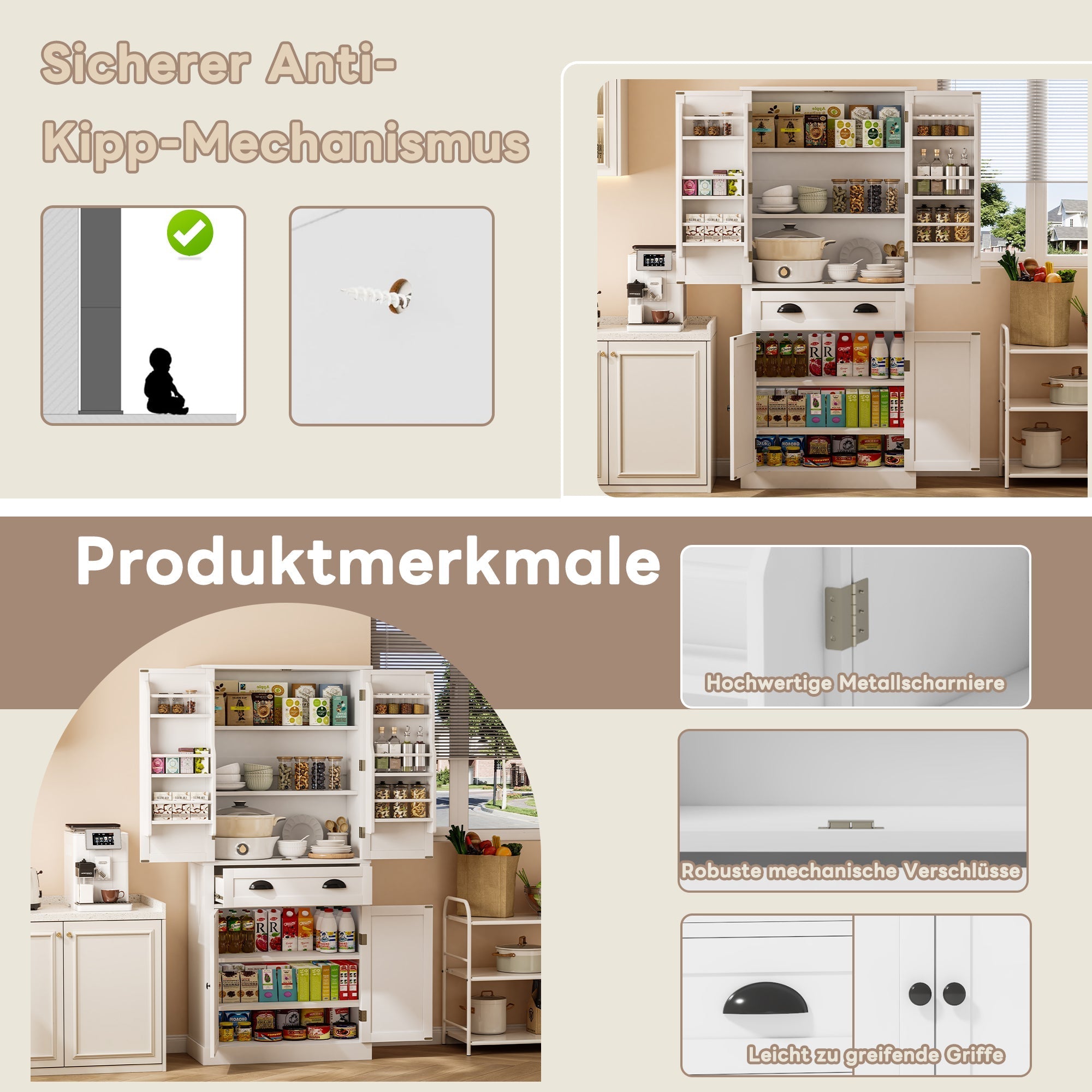 Storage Cabinet with 4 Doors and 1 Drawer, 6 Compartments and 4 Adjustable Shelves, White