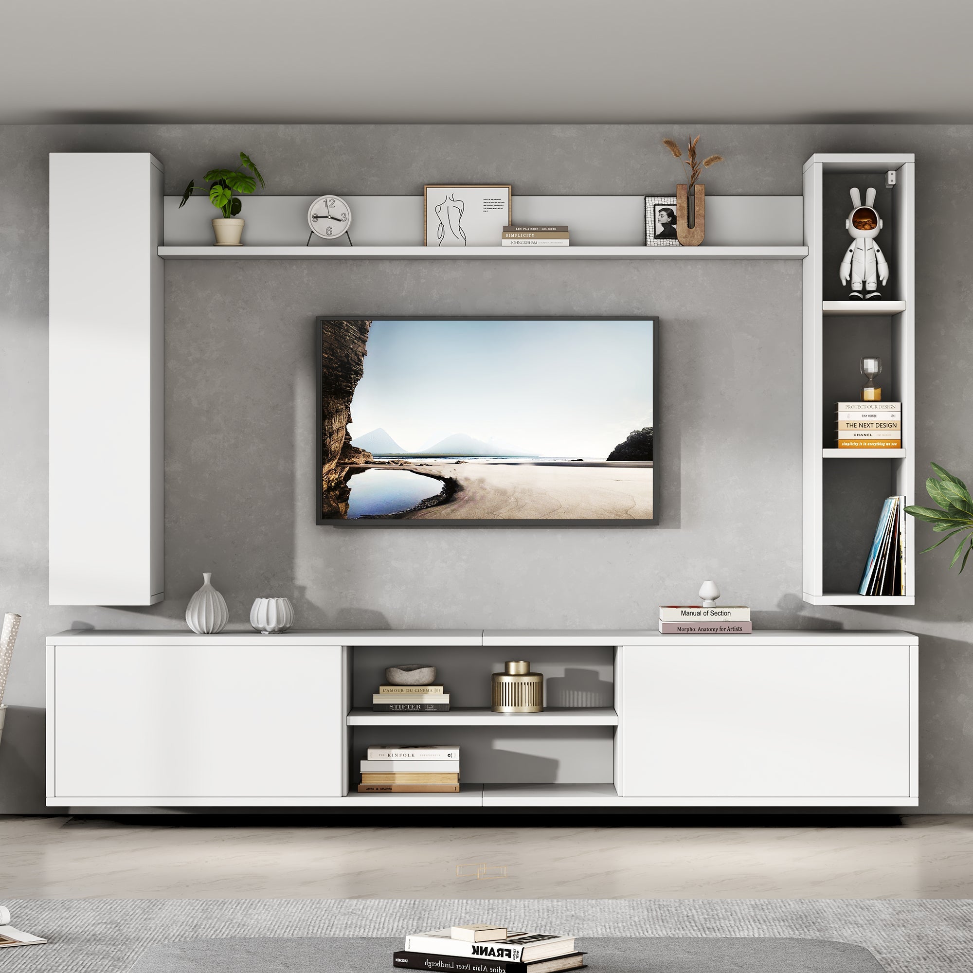 TV Wall Unit Set, 4-Piece Media with Display Cabinets, TV Board, Shelves, White