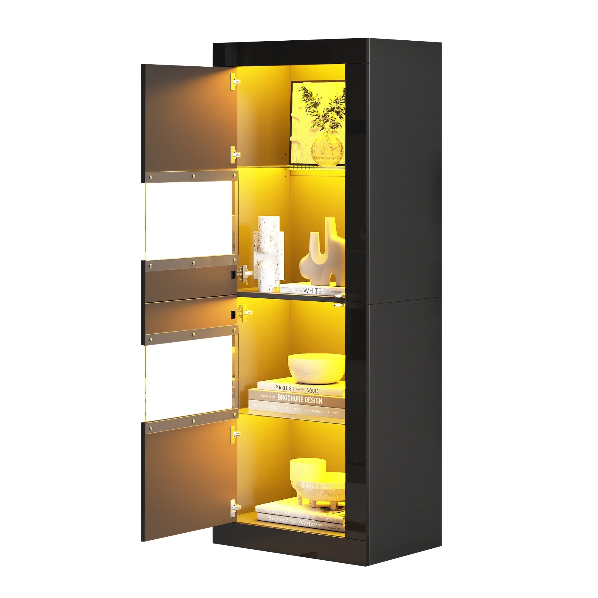 Display Cabinet with LED Lighting and Glass Shelf, High-Gloss Black