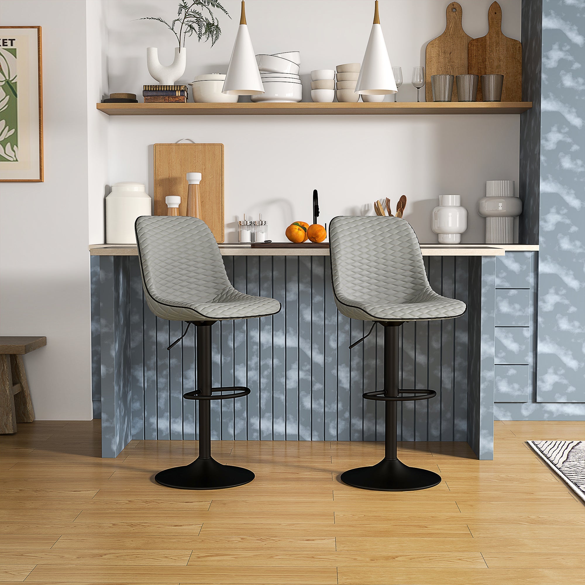 Bar Stools Set of Two Adjustable Height Faux Leather Grey