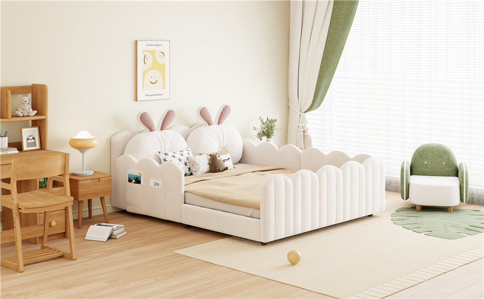 Upholstered Platform Bed with Rabbit-Shaped Cushions, 140x200cm, Beige Velvet
