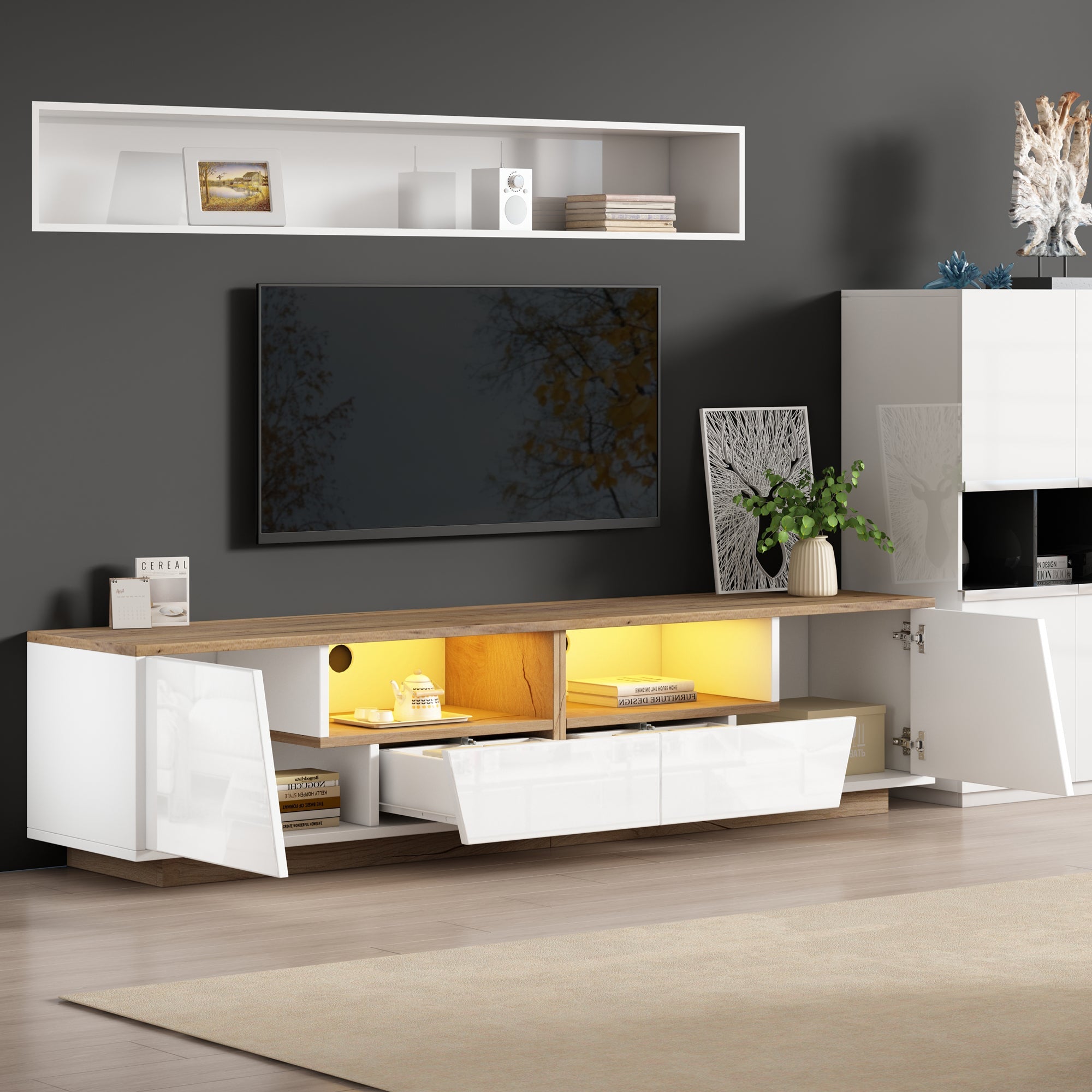 TV Cabinet 180x40x46cm LED High-Gloss Storage for 75 Inch TVs, White/Wood Splice