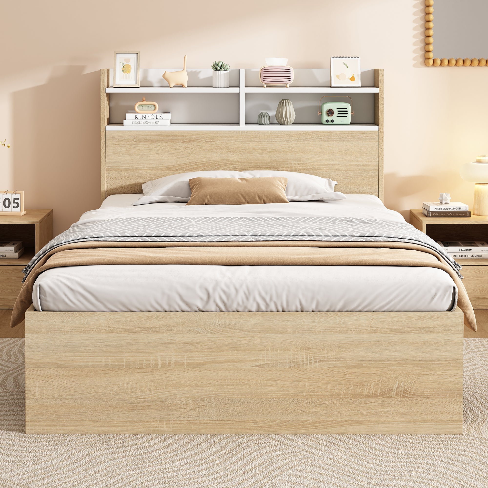 Wooden Single Bed with Headboard Shelf, 2 Drawers and Mattress, 90x200cm, White and Oak Solid Wood