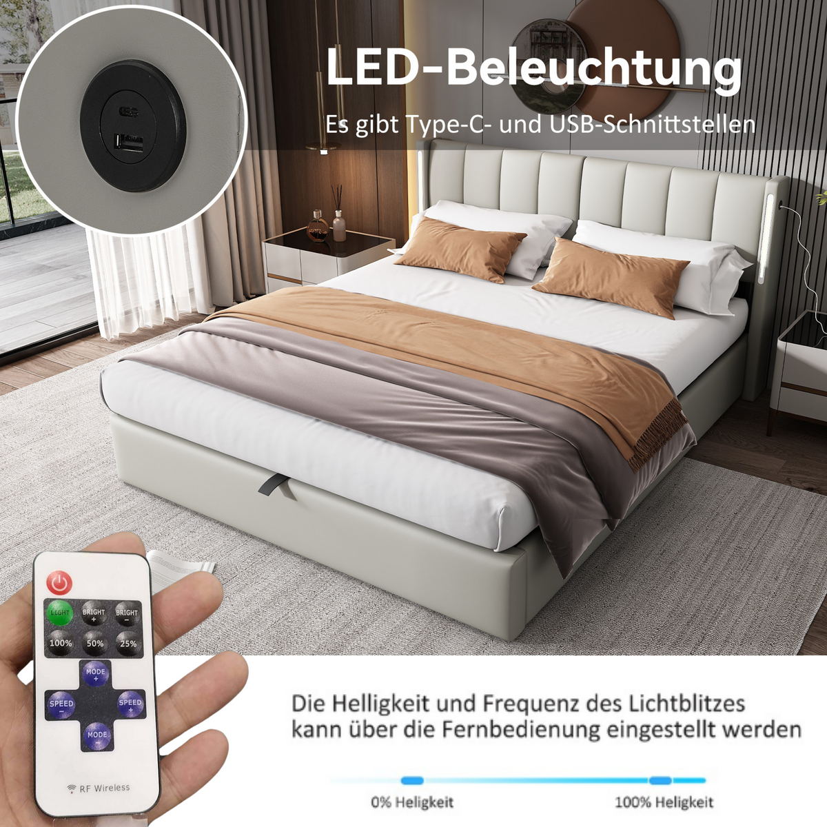 Upholstered Bed 140x200cm Hydraulic Storage LED USB Adjustable Headboard PU Grey