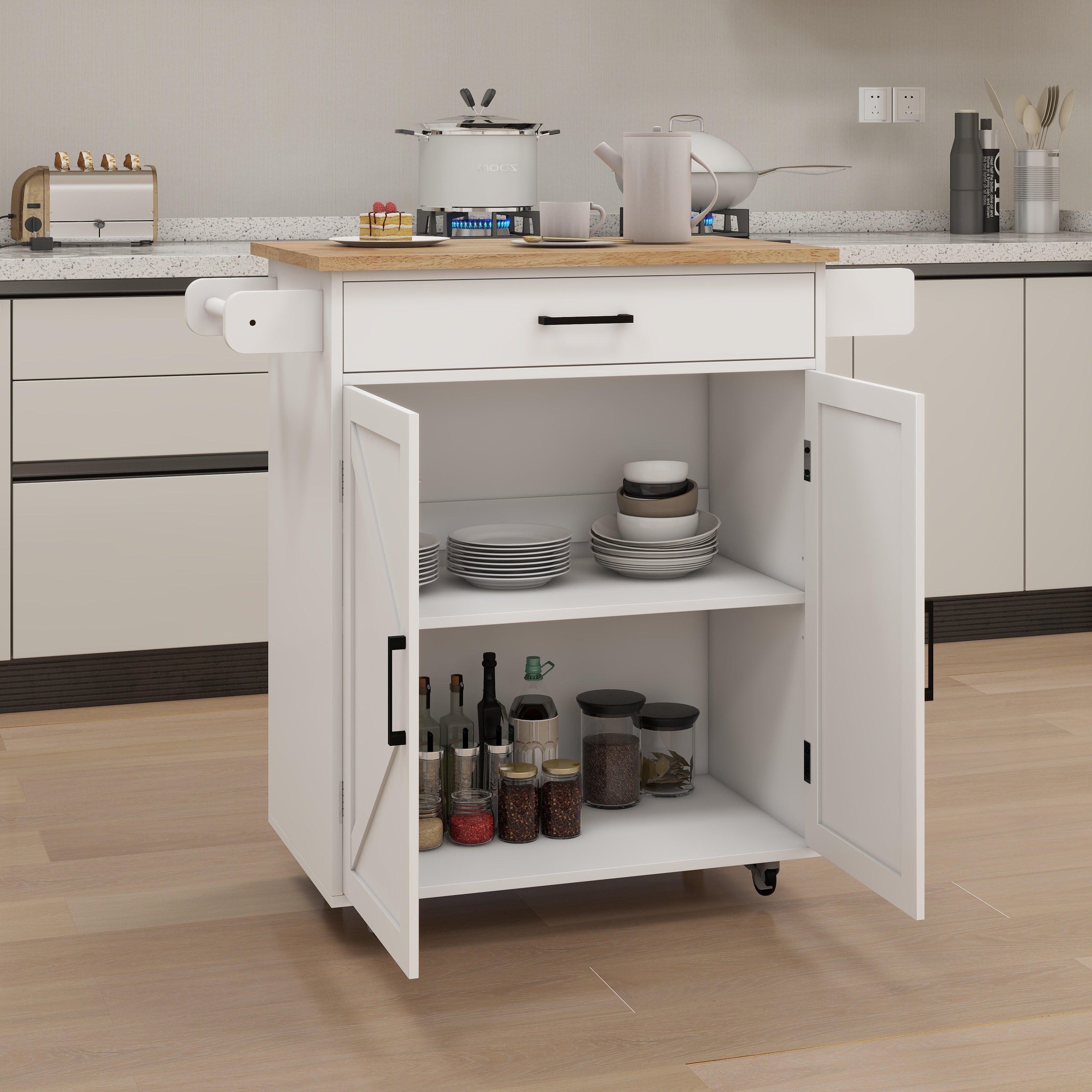 Kitchen Island Trolley Cart with Adjustable Shelves, Towel/Seasoning Racks - Rubber Wood, White