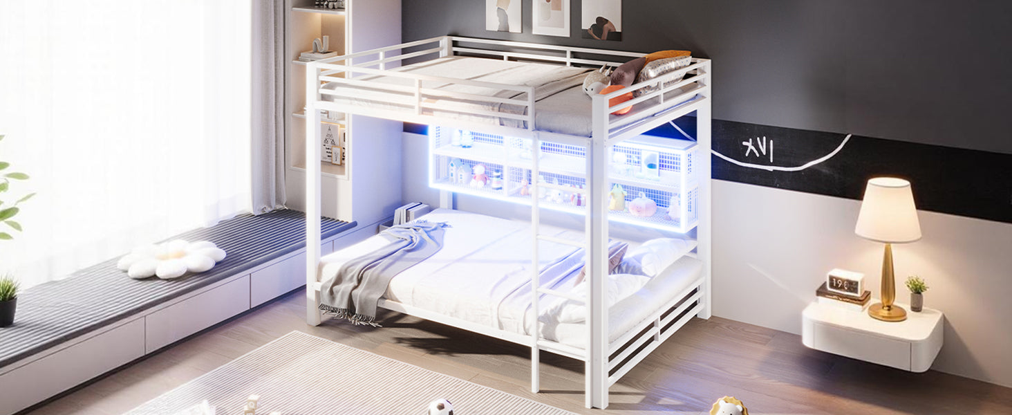 140x200 Bunk Bed with Storage Cabinets and LED Light, White