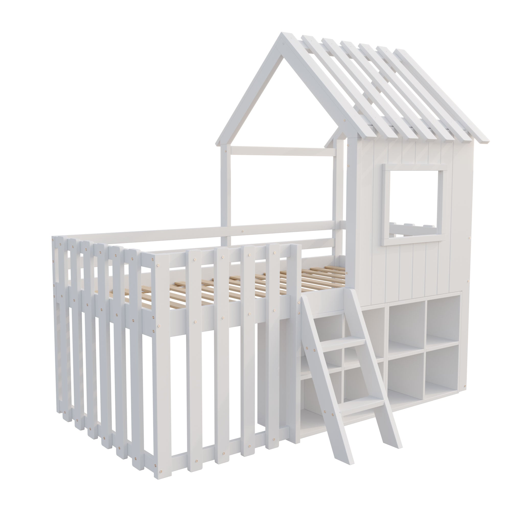 Children's House Bed 90x200, Roof & Window, Ladder, Solid Wood White