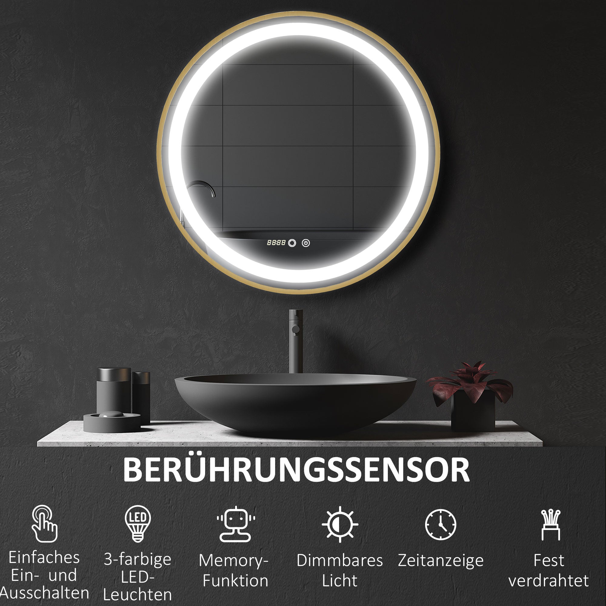 kleankin Dimmable Mirror with LED Light, 60x60cm, Aluminum Alloy