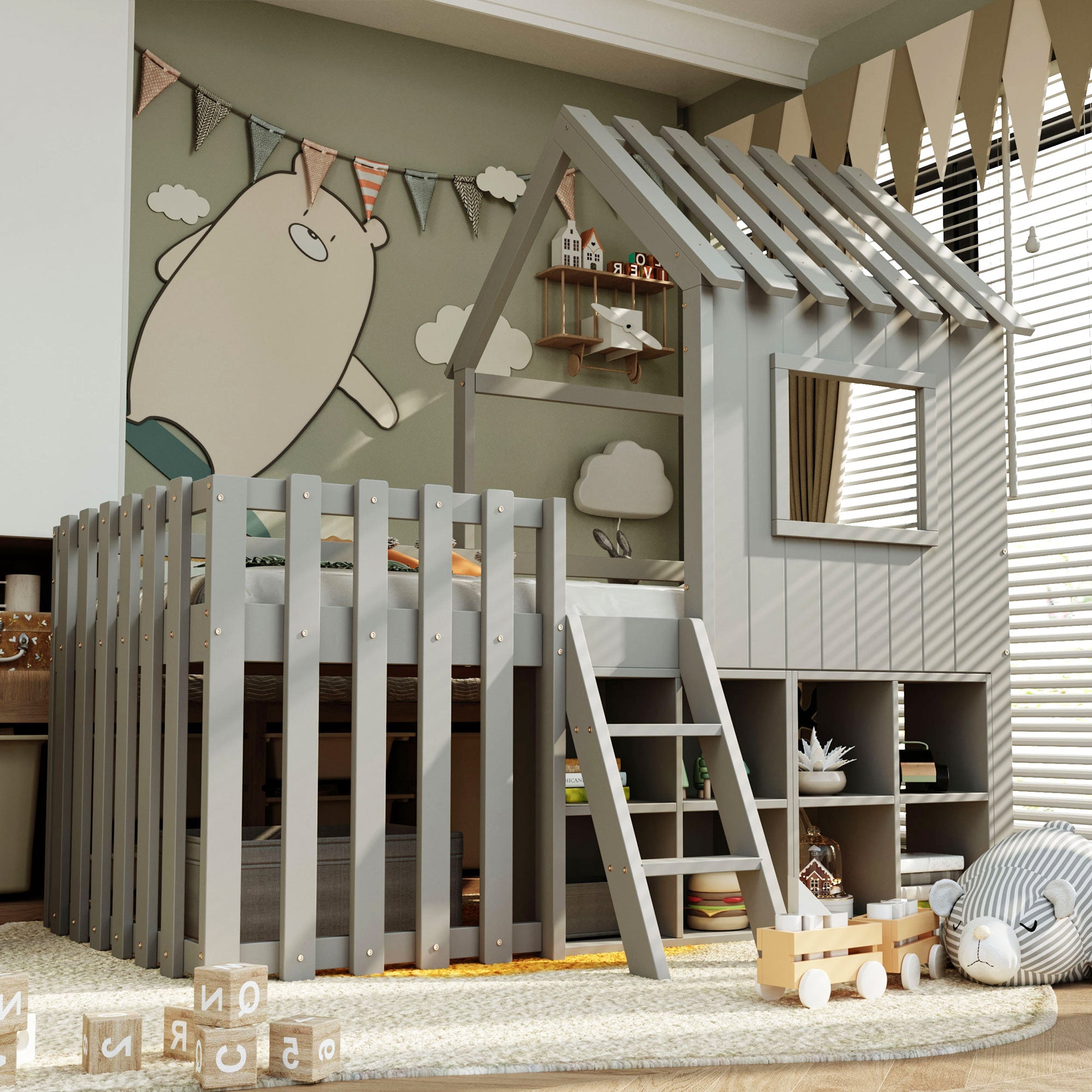 Children's House Bed 90x200, Roof & Window, Open Storage, Climbing Ladder, Solid Wood, Gray