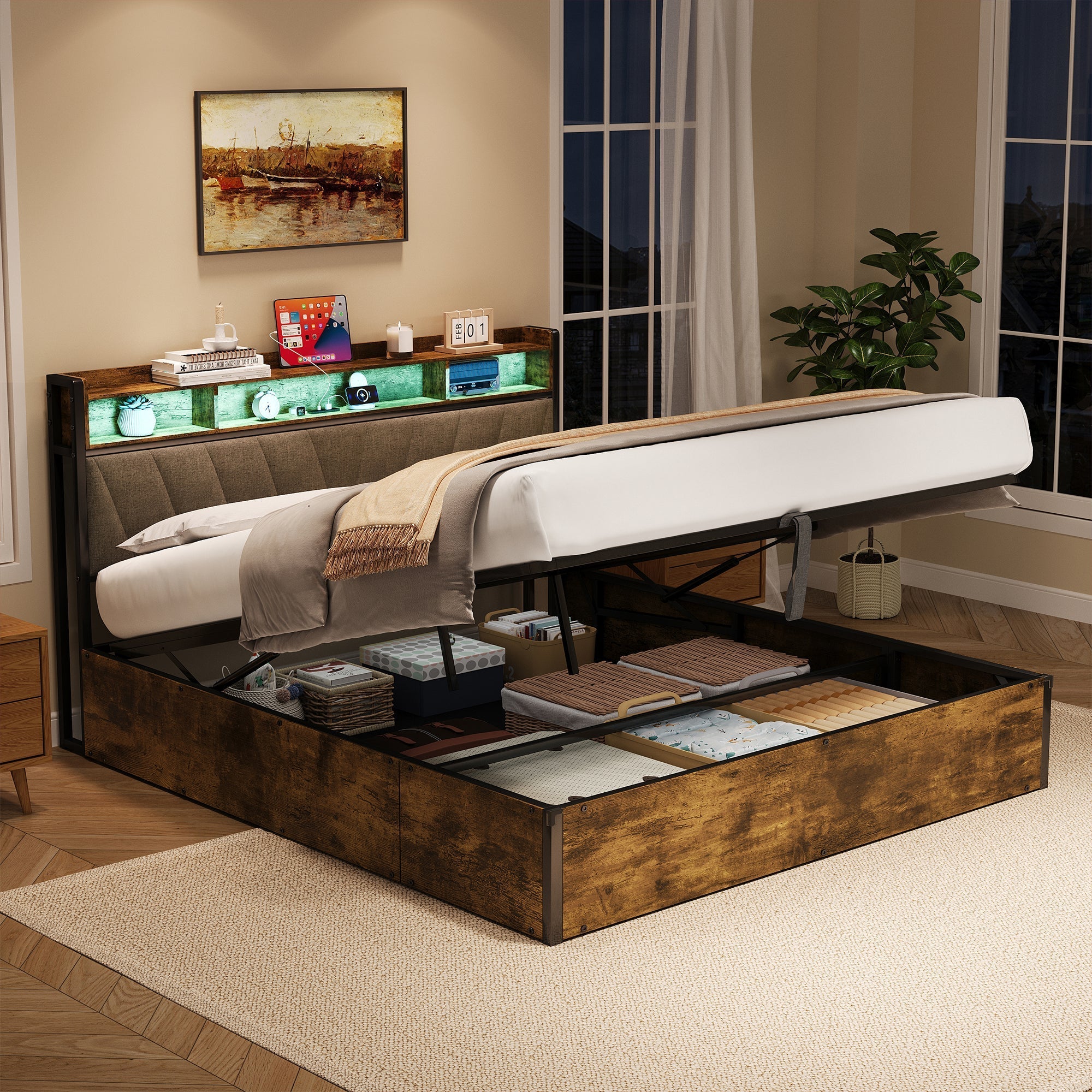 5ft King Bed Frame with Hydraulic Storage, RGB LED Headboard with Charging Station, Black+Walnut