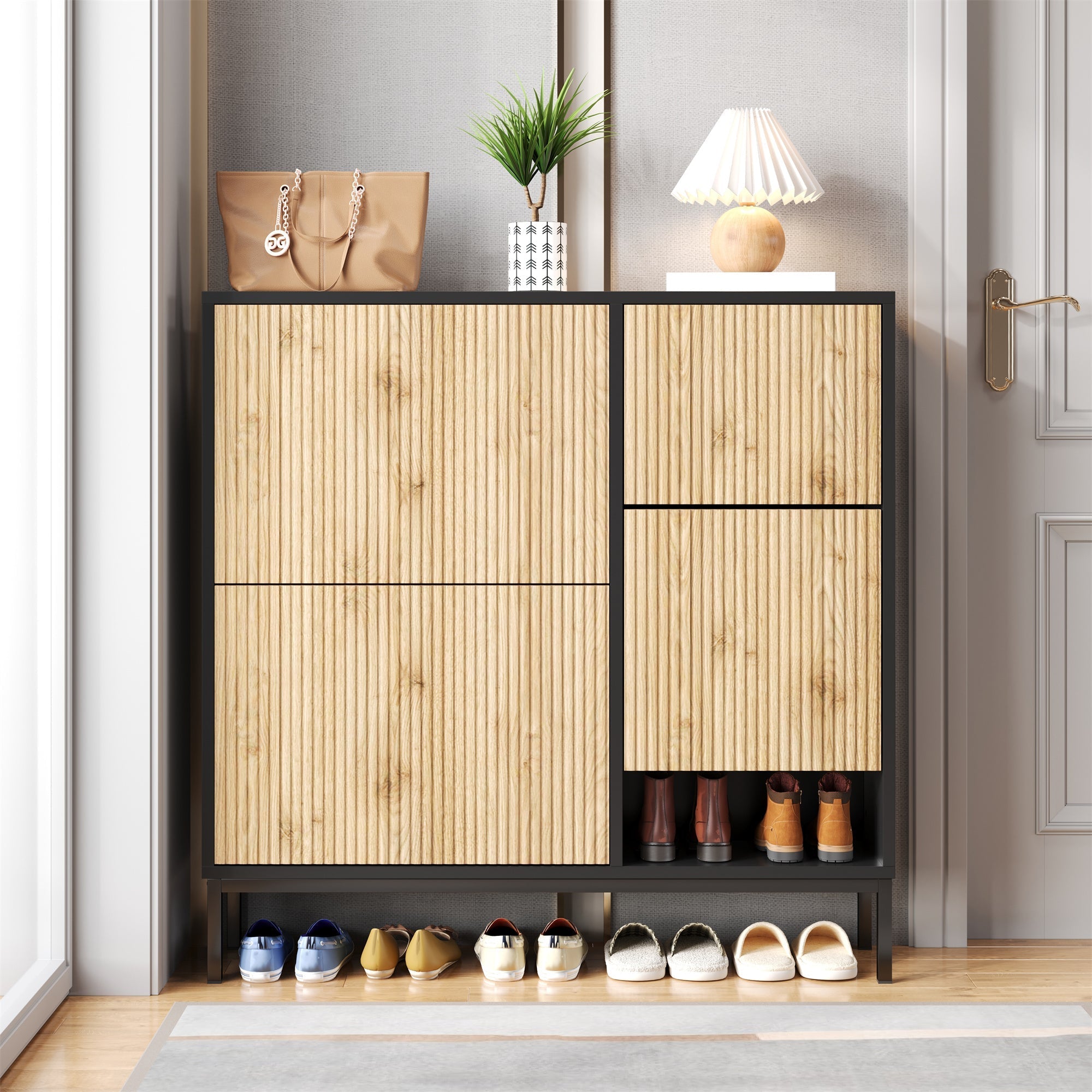 Shoe Cabinet with Changing Stool, 3 Flaps & Open Storage, Black + Wood Color
