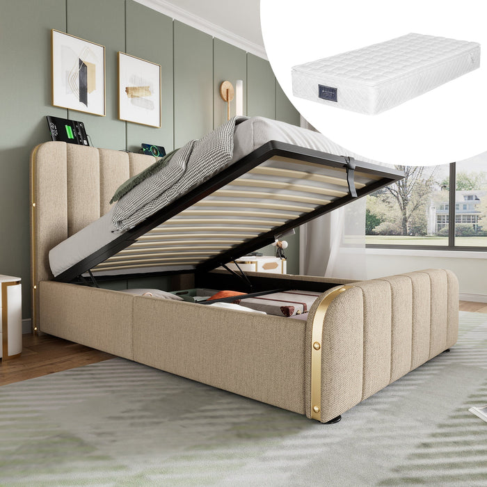 Upholstered Single Bed, Hydraulic Storage with USB Type-C, Beige Linen