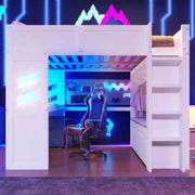 Loft Bed 140x200cm Gaming with Desk, LED Lights, USB/Type-C Ports, White