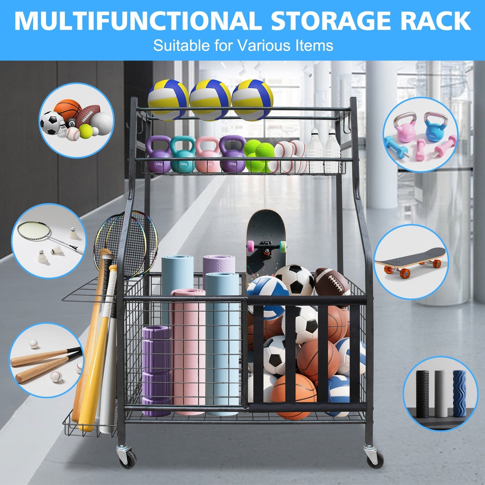 Garage Sports Equipment Organizer Large Capacity Rolling Ball Cart Indoor/Outdoor