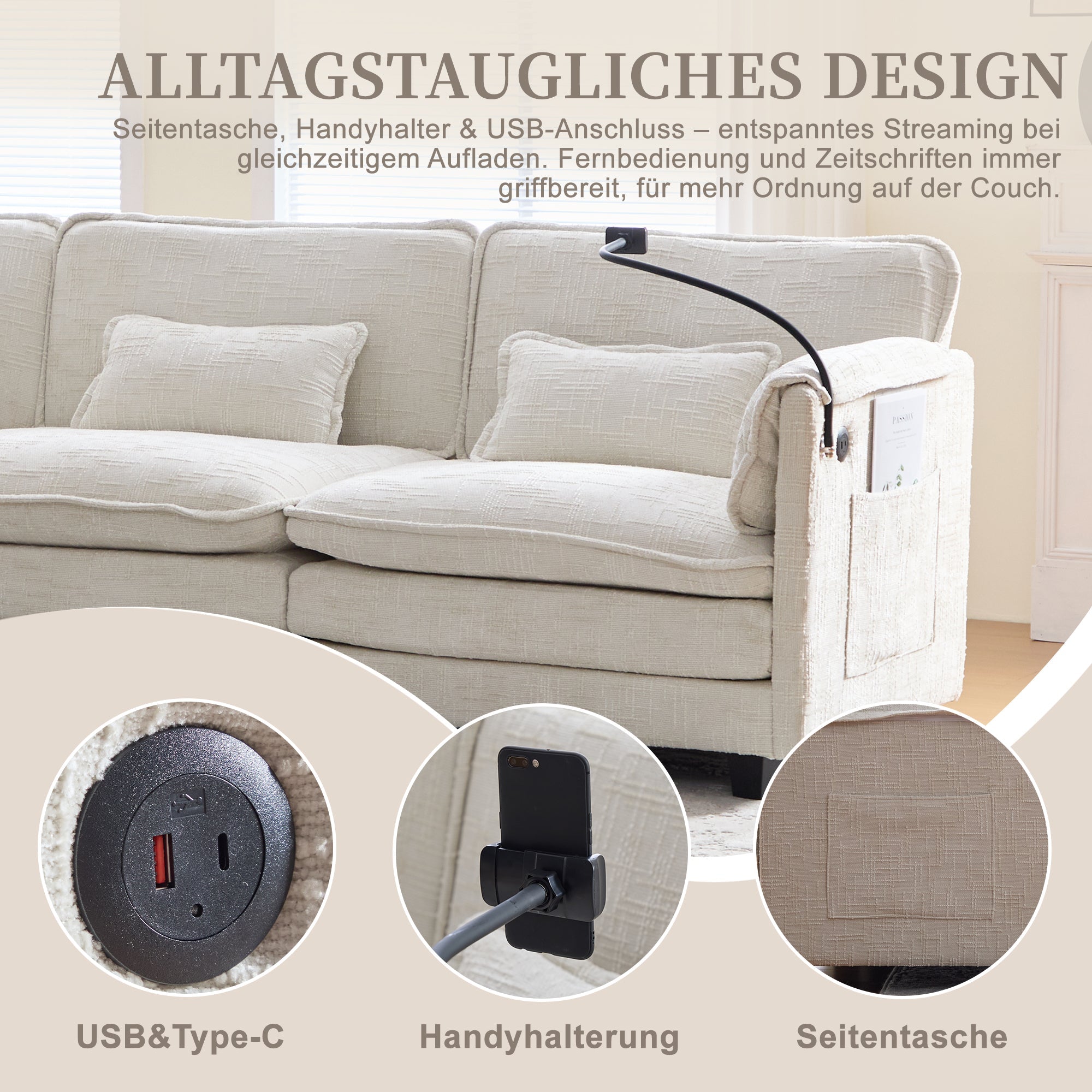 Modern 2-Seater Sofa USB Port Side Pocket Modular Footstool, Chenille Beige