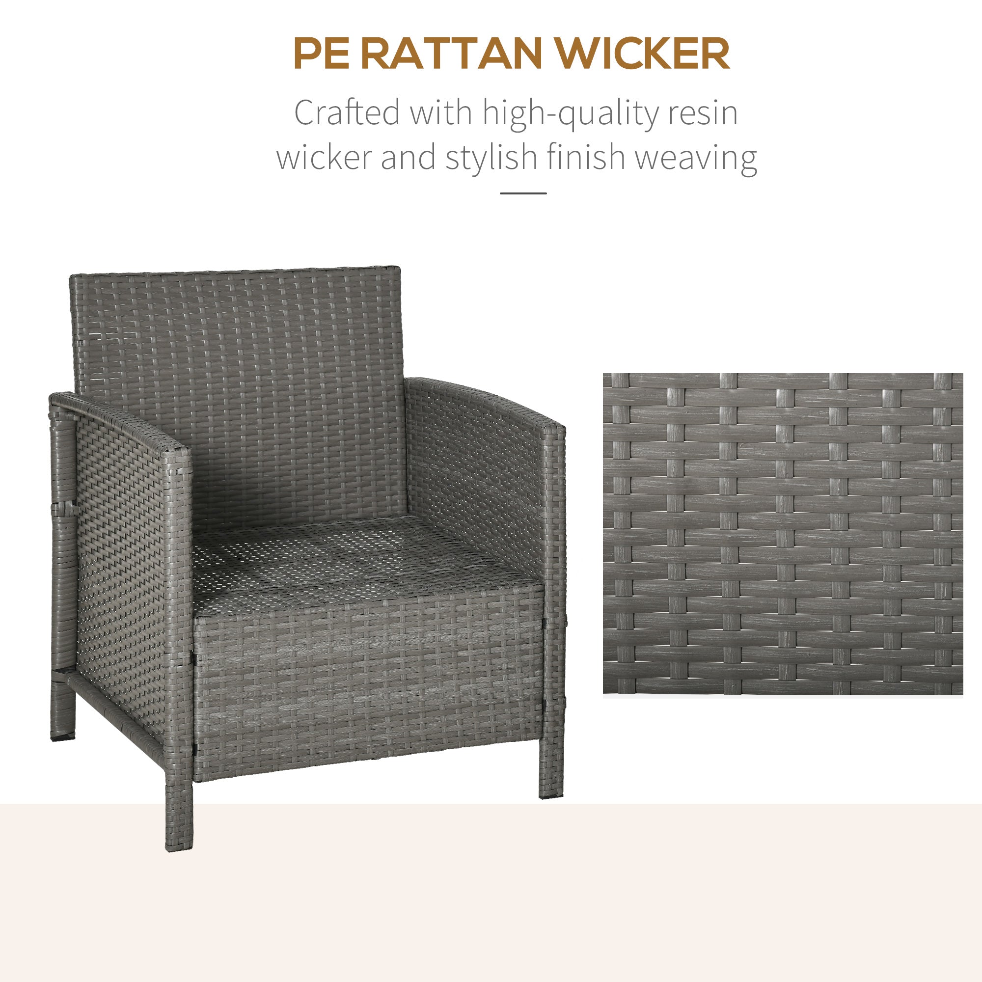 3 Pieces Rattan Bistro Set, Glass Top Table and Chairs with Cushions, Light Grey